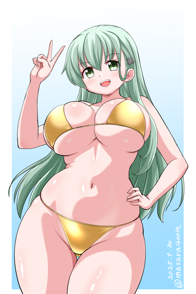 masara (chuujou), suzuya (kancolle), kantai collection, 1girl, alternate costume, bikini, breasts, gluteal fold, gold bikini, gradient background, green background, green eyes, green hair, hand on own hip, large breasts, long hair, one-hour drawing challenge, smile, solo, swimsuit, thigh gap, v