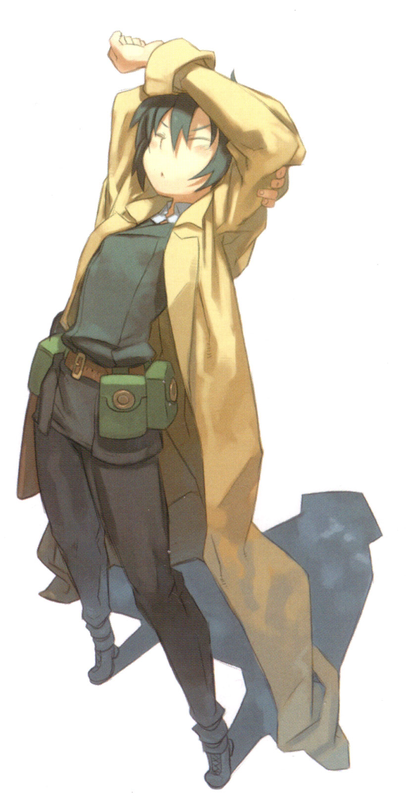 kuroboshi kouhaku, kino (kino no tabi), kino no tabi, highres, scan, 00s, 1girl, androgynous, belt, brown hair, closed eyes, coat, female focus, full body, green eyes, green hair, matching hair/eyes, reverse trap, solo, stretching