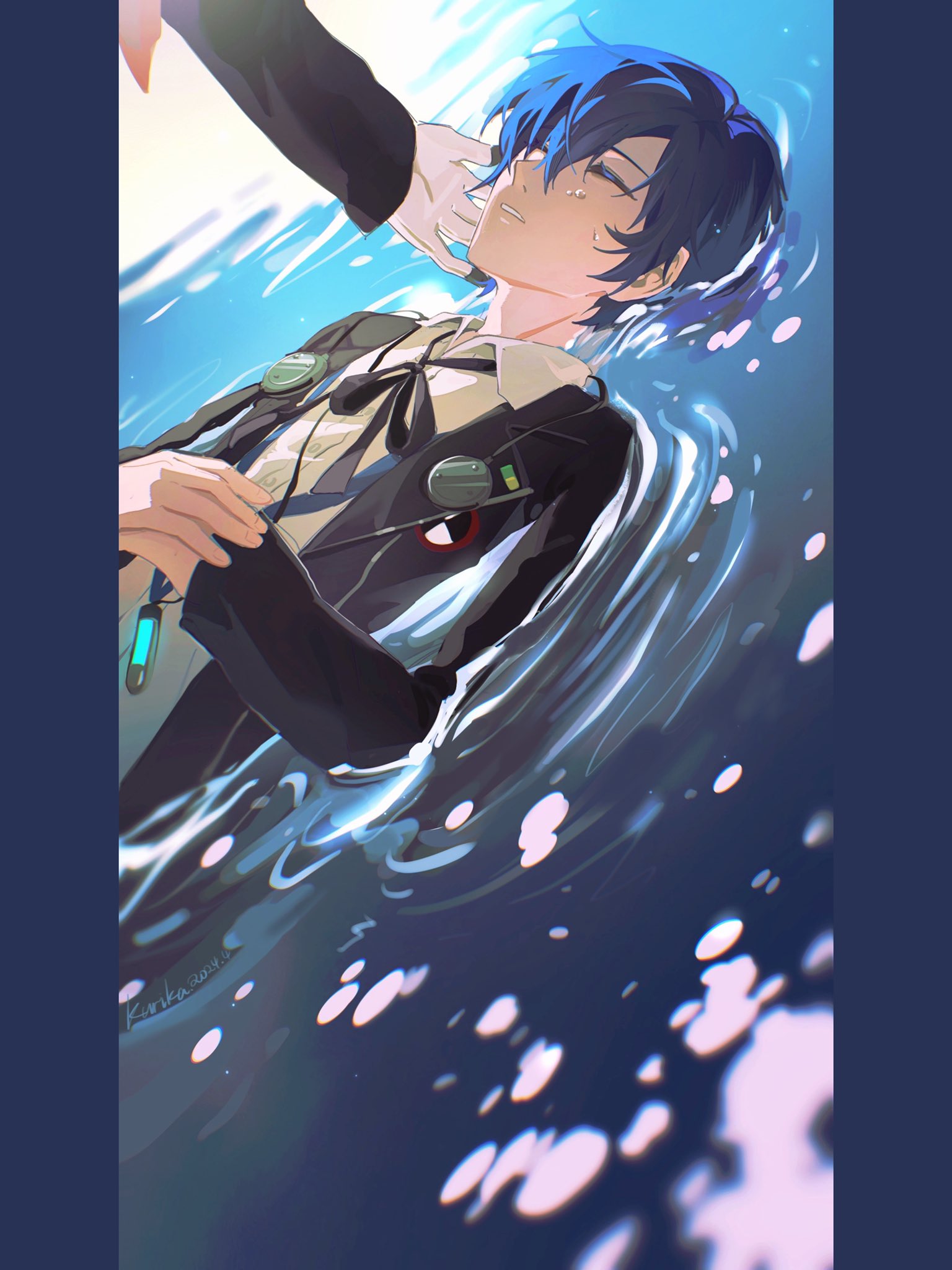 qianyewuli, aigis (persona), yuuki makoto (persona 3), persona, persona 3, chinese commentary, commentary request, highres, 1boy, 1girl, artist name, black jacket, black ribbon, blue hair, closed eyes, dated, digital media player, digital walkman, dress shirt, dutch angle, gekkoukan high school uniform, hair between eyes, hand on another's cheek, hand on another's face, hands on own stomach, jacket, long sleeves, male focus, mechanical hands, open clothes, open jacket, out of frame, own hands together, parted lips, partially submerged, pillarboxed, ribbon, ripples, school uniform, shirt, short hair, solo focus, upper body, walkman nw-s203f, water, water drop, white shirt