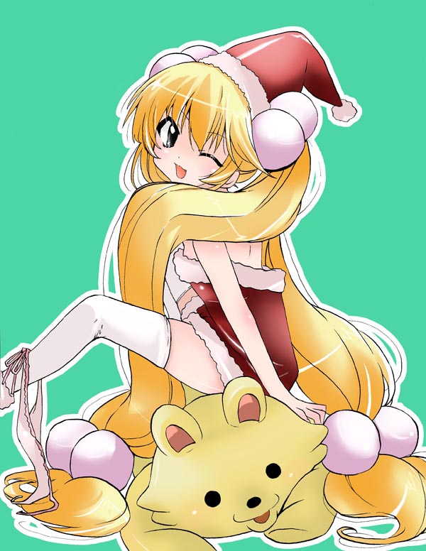 nakamura sandayo, kokonoe rin, futabasha, kodomo no jikan, bad id, bad pixiv id, 00s, 1girl, blonde hair, christmas, female focus, green background, hair bobbles, hair ornament, hat, long hair, one eye closed, panties, panties around leg, santa costume, santa hat, simple background, solo, sphere hair ornament, stuffed animal, stuffed toy, teddy bear, thighhighs, twintails, underwear, very long hair