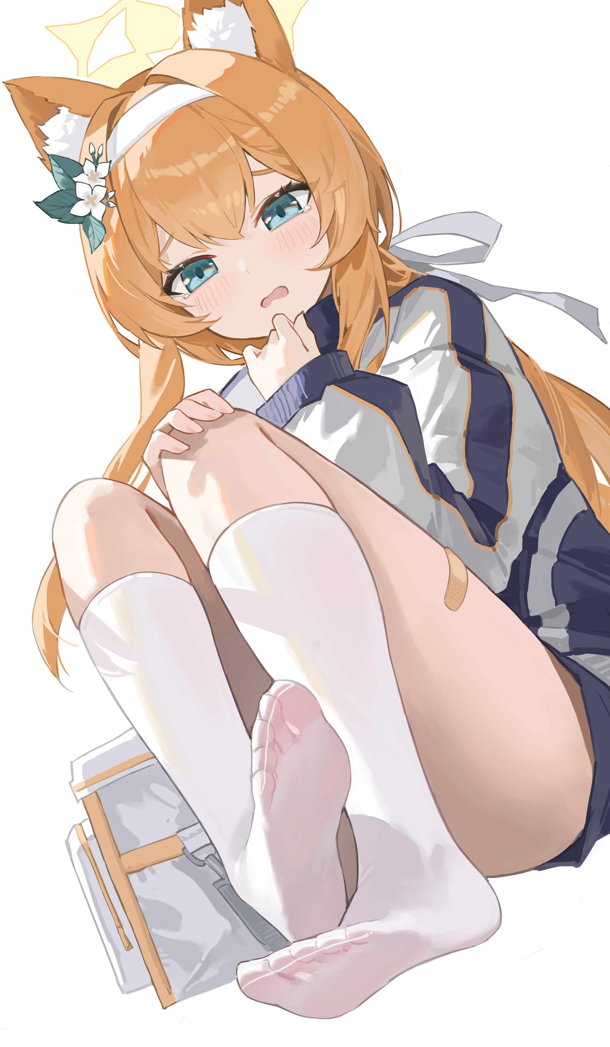 fang5hine, mari (blue archive), mari (track) (blue archive), blue archive, absurdres, commentary request, highres, 1girl, animal ear fluff, animal ears, bag, bandaid, bandaid on leg, blue eyes, blue jacket, blush, dutch angle, embarrassed, feet, flower, foot focus, furrowed brow, gym uniform, hair flower, hair ornament, hairband, halo, hand on own knee, hand up, jacket, kneehighs, long hair, long sleeves, looking at viewer, multicolored jacket, no shoes, official alternate costume, open mouth, orange hair, simple background, sitting, socks, soles, solo, tearing up, toes, track jacket, two-tone jacket, wavy mouth, white background, white flower, white hairband, white jacket, white socks, yellow halo