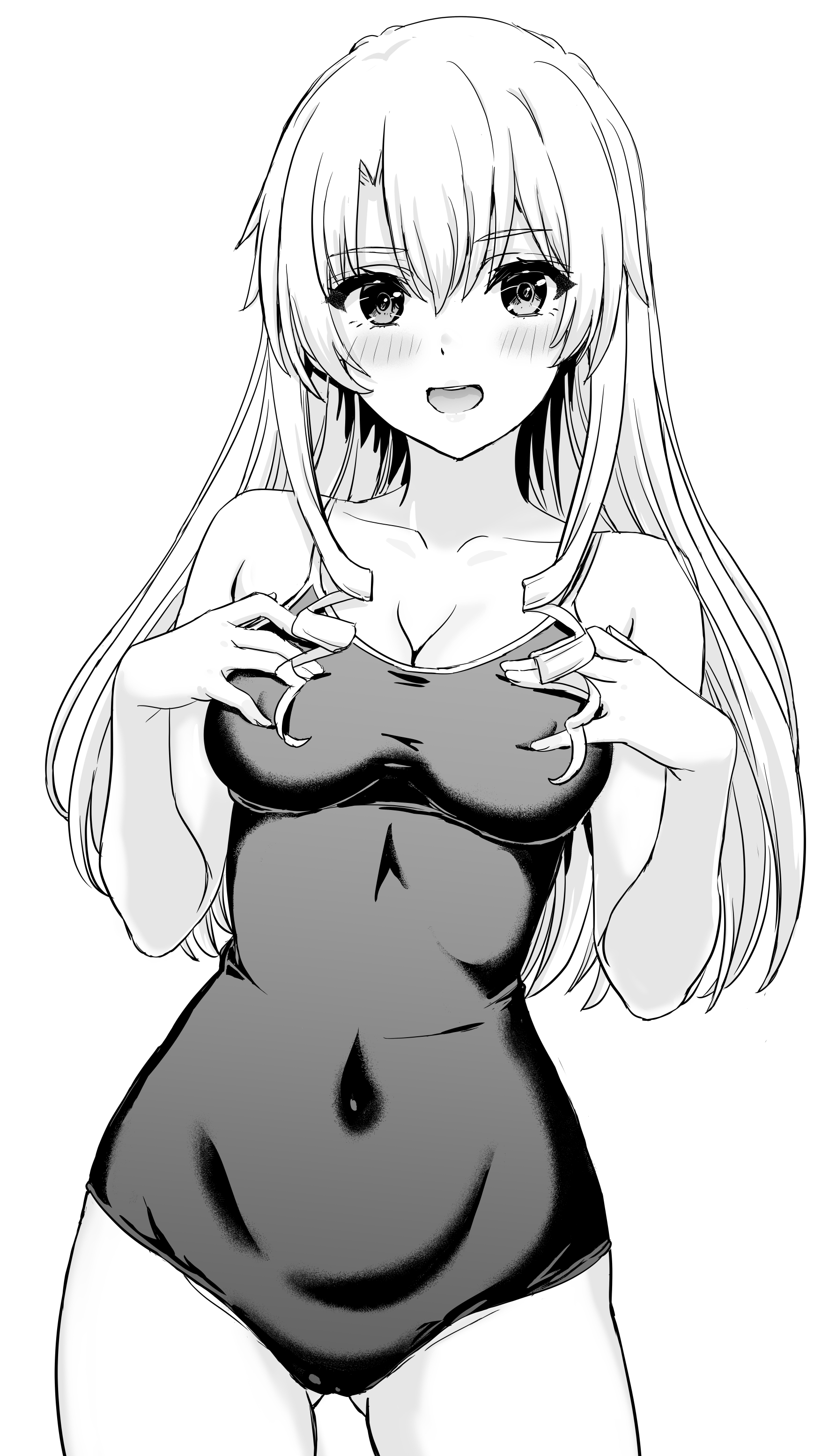 inanaki shiki, miura yumiko, yahari ore no seishun lovecome wa machigatteiru., absurdres, highres, 1girl, blush, breasts, cleavage, collarbone, competition school swimsuit, covered navel, cowboy shot, drill hair, gluteal fold, greyscale, hair between eyes, hands on own chest, hands up, long hair, looking at viewer, medium breasts, monochrome, one-piece swimsuit, open mouth, school swimsuit, simple background, smile, solo, swimsuit, white background