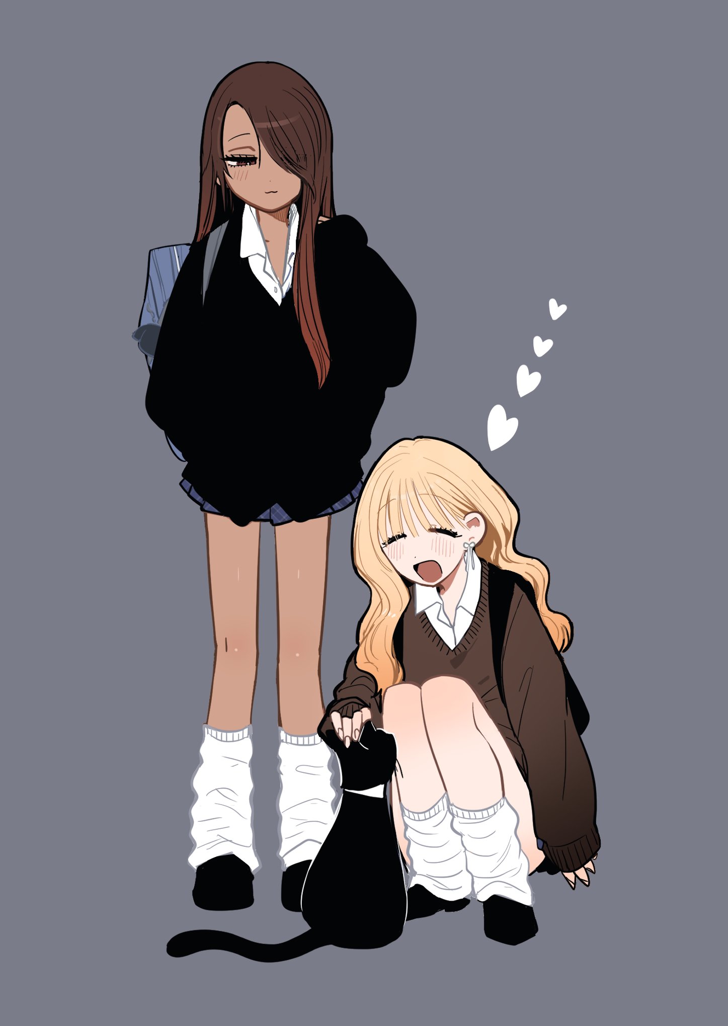 inoue koharu, original, commentary, hashtag-only commentary, highres, 2girls, bag, black cardigan, black cat, black shoes, blonde hair, brown eyes, brown hair, brown sweater, cardigan, cat, closed eyes, closed mouth, collared shirt, dark-skinned female, dark skin, earrings, greyscale, gyaru, hair over one eye, heart, jewelry, long hair, loose socks, monochrome, multiple girls, open mouth, petting, school bag, school uniform, shirt, shoes, smile, socks, squatting, standing, sweater, taooka yua, watase reina, white shirt, white socks
