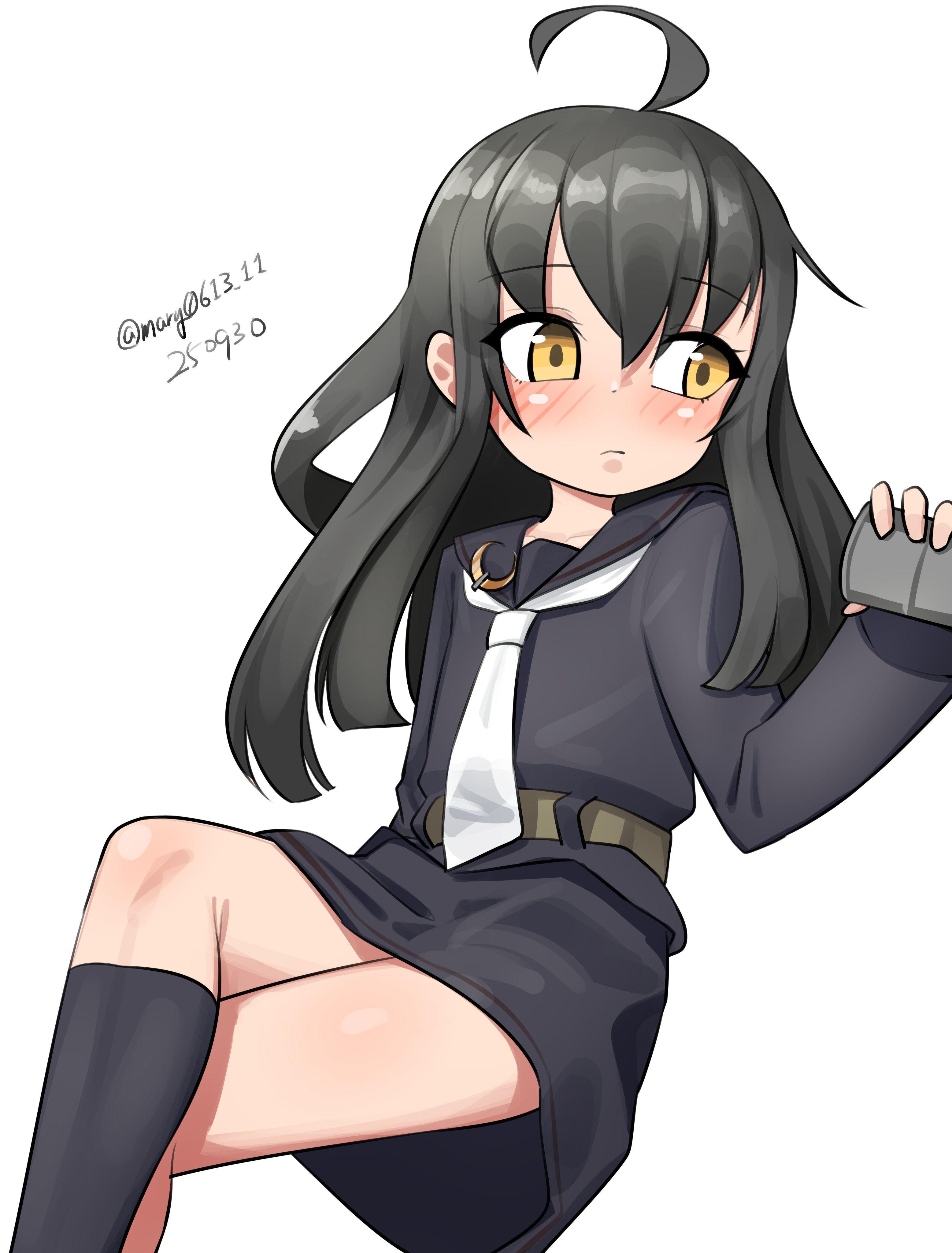 maru (marg0613), mikazuki (kancolle), kantai collection, absurdres, highres, ahoge, black hair, black sailor collar, black shirt, black skirt, black socks, dated, depth charge, invisible chair, long hair, looking to the side, neckerchief, orange eyes, sailor collar, sailor shirt, school uniform, serafuku, shirt, sideways glance, sitting, skirt, socks, twitter username, white neckerchief