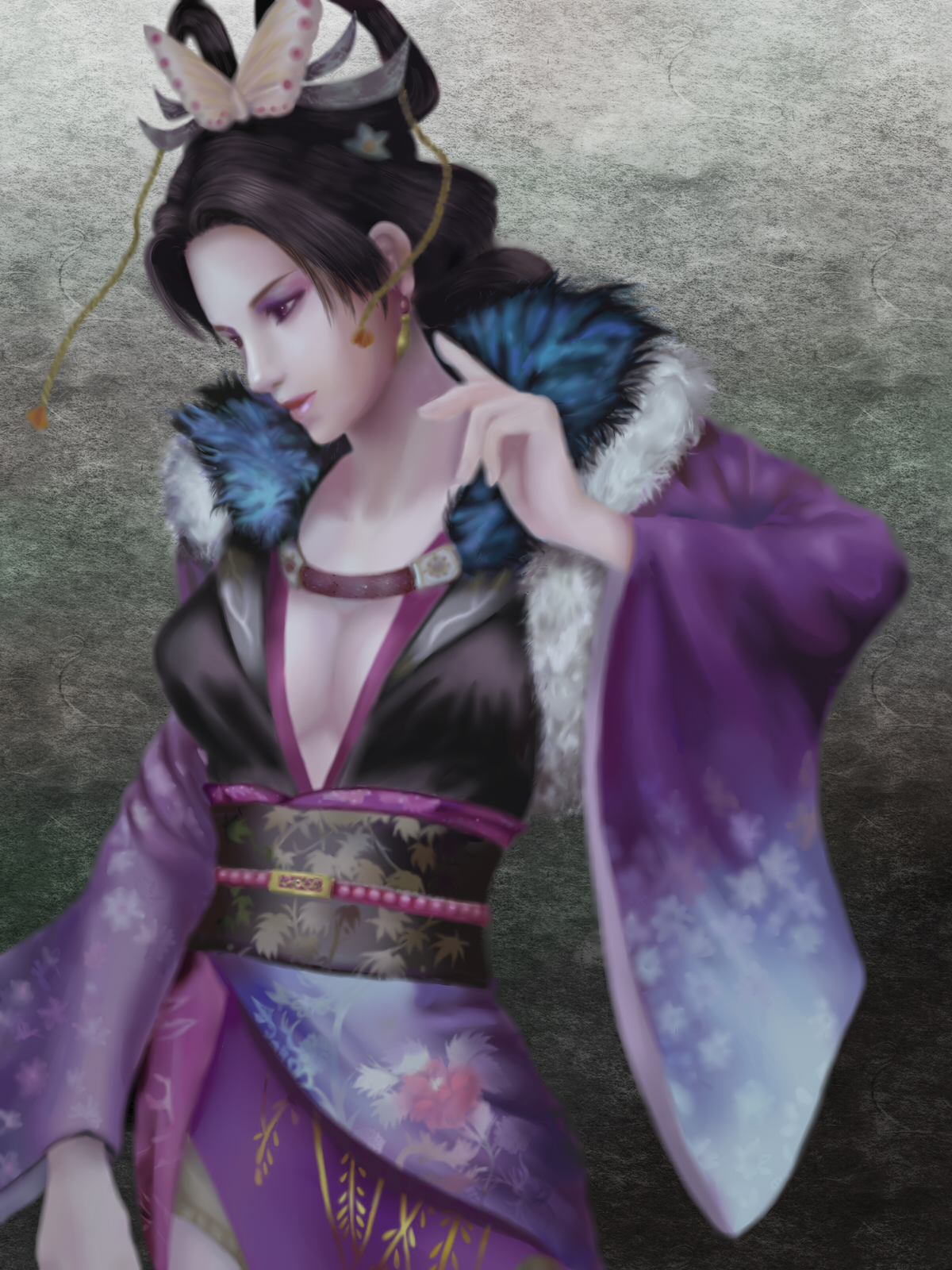 nawo, nouhime, nouhime (sengoku musou), sengoku musou, sengoku musou 2, bad id, bad pixiv id, highres, 1girl, black hair, breasts, cleavage, collarbone, cowboy shot, female focus, floral print, grey eyes, hair ornament, hair rings, hair stick, japanese clothes, kimono, long hair, long sleeves, obi, sash, solo, wide sleeves
