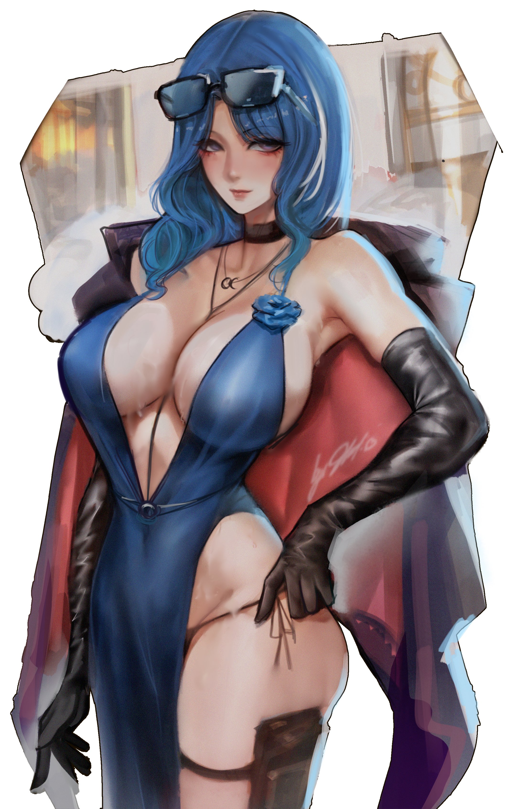 sherylnome, dp-12 (girls' frontline), helen (girls' frontline 2), girls' frontline, girls' frontline 2: exilium, absurdres, commentary, highres, symbol-only commentary, 1girl, bare shoulders, black choker, black gloves, blue dress, blue hair, breasts, choker, cleavage, closed mouth, coat, coat on shoulders, dress, elbow gloves, evening gown, eyewear on head, gloves, grey eyes, helen (starlit waltz) (girls' frontline 2), holster, jewelry, large breasts, long hair, looking at viewer, multicolored hair, necklace, pantylines, sleeveless, sleeveless dress, solo, streaked hair, thigh holster, thigh strap, white background