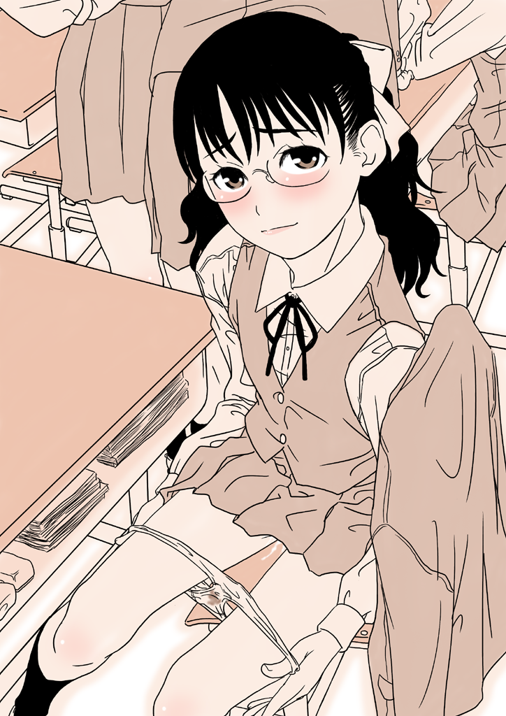 gusu, original, 1girl, blush, classroom, desk, female focus, flat chest, glasses, monochrome, panties, panty pull, pink theme, pussy juice, school, school desk, school uniform, sepia, skirt, smile, solo, underwear