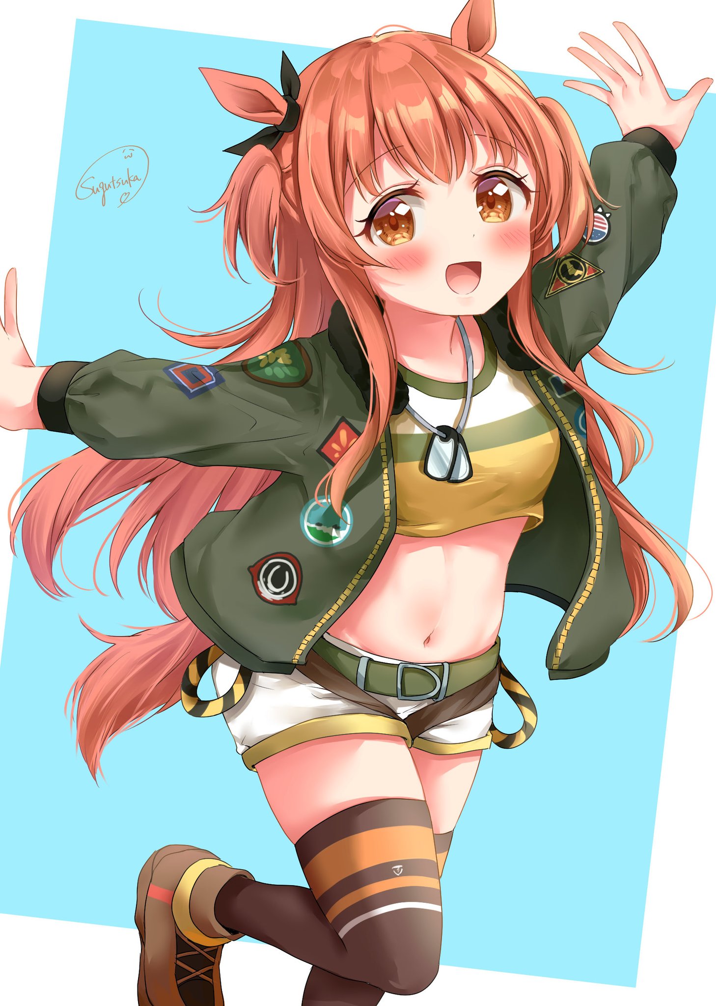 sugutsuka rerun, mayano top gun (racehorse), mayano top gun (scramble zone) (umamusume), mayano top gun (umamusume), umamusume, commentary, highres, 1girl, :d, animal ears, aqua background, belt, blush, bomber jacket, bow, breasts, brown ribbon, brown shoes, brown thighhighs, dog tags, ear bow, ear ribbon, green belt, green jacket, horse ears, horse girl, horse tail, jacket, leg up, long hair, long sleeves, looking at viewer, medium breasts, navel, open mouth, orange eyes, orange hair, orange tail, outstretched arms, ribbon, shirt, shoes, shorts, signature, smile, solo, spread arms, tail, thighhighs, two-tone background, two side up, white background, white shorts