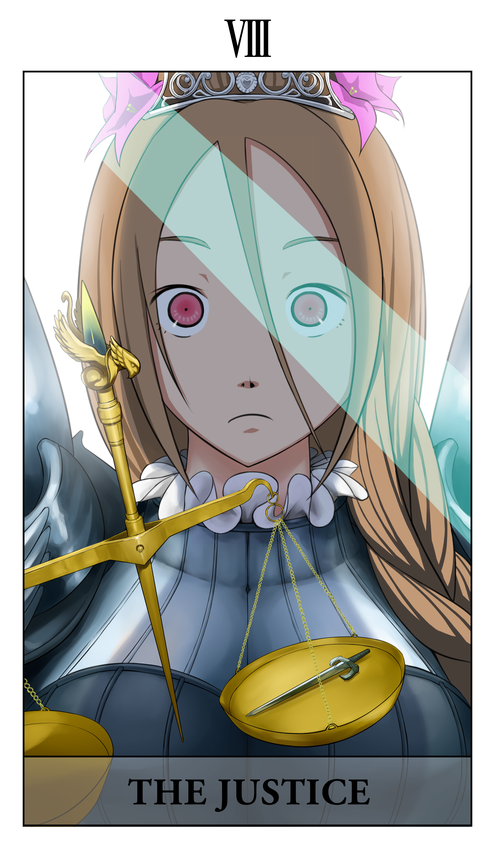penpen (penpen1942), wadrite berkstein hordaine, fantasy earth zero, absurdres, bad id, bad pixiv id, highres, 1girl, brown hair, card (medium), female focus, justice (tarot), pink eyes, solo, tarot, tarot (medium)