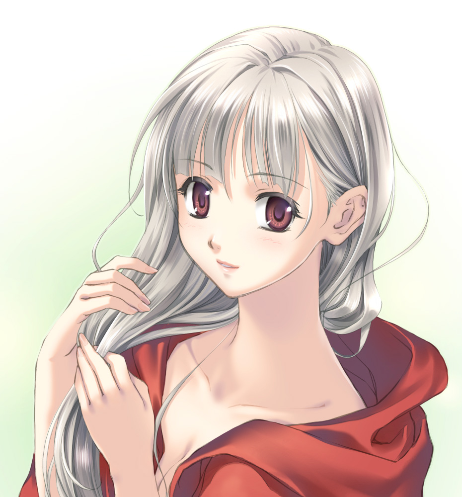 isobe, lafrenze, elysion, sound horizon, silver hair, bad id, bad pixiv id, 1girl, breasts, cleavage, collarbone, eyelashes, female focus, holding, holding own hair, lips, long hair, messy hair, red eyes, solo, white background