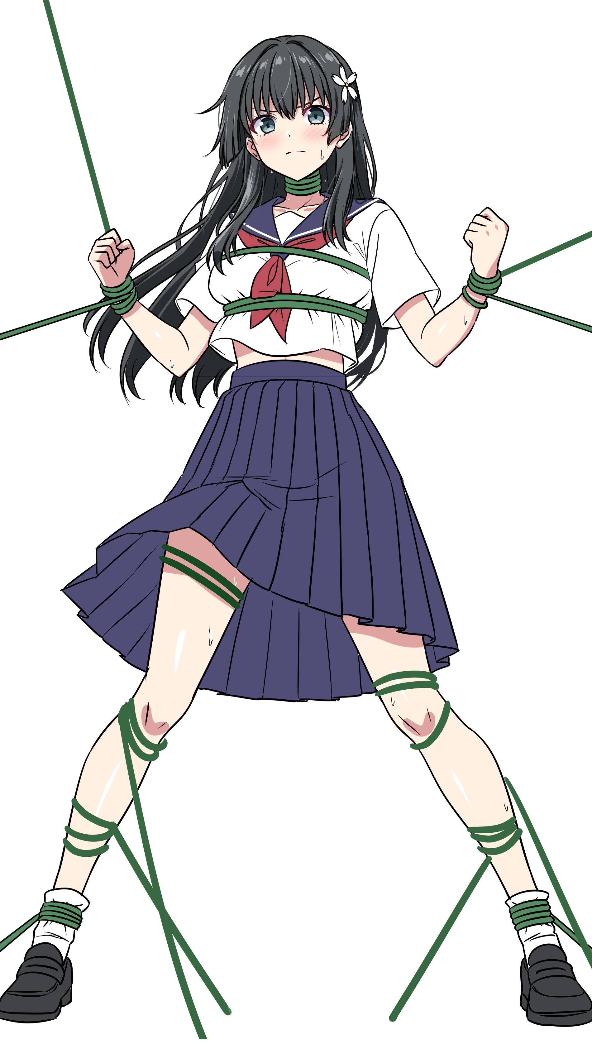 rise (rise19851203), saten ruiko, toaru kagaku no railgun, toaru majutsu no index, absurdres, highres, 1girl, black hair, black shoes, blue sailor collar, blue skirt, flower, green eyes, hair flower, hair ornament, loafers, long hair, neckerchief, plant, pleated skirt, red neckerchief, restrained, sailor collar, sailor shirt, sakugawa school uniform, school uniform, serafuku, shirt, shoes, simple background, skirt, socks, solo, summer uniform, vines, white background, white shirt, white socks
