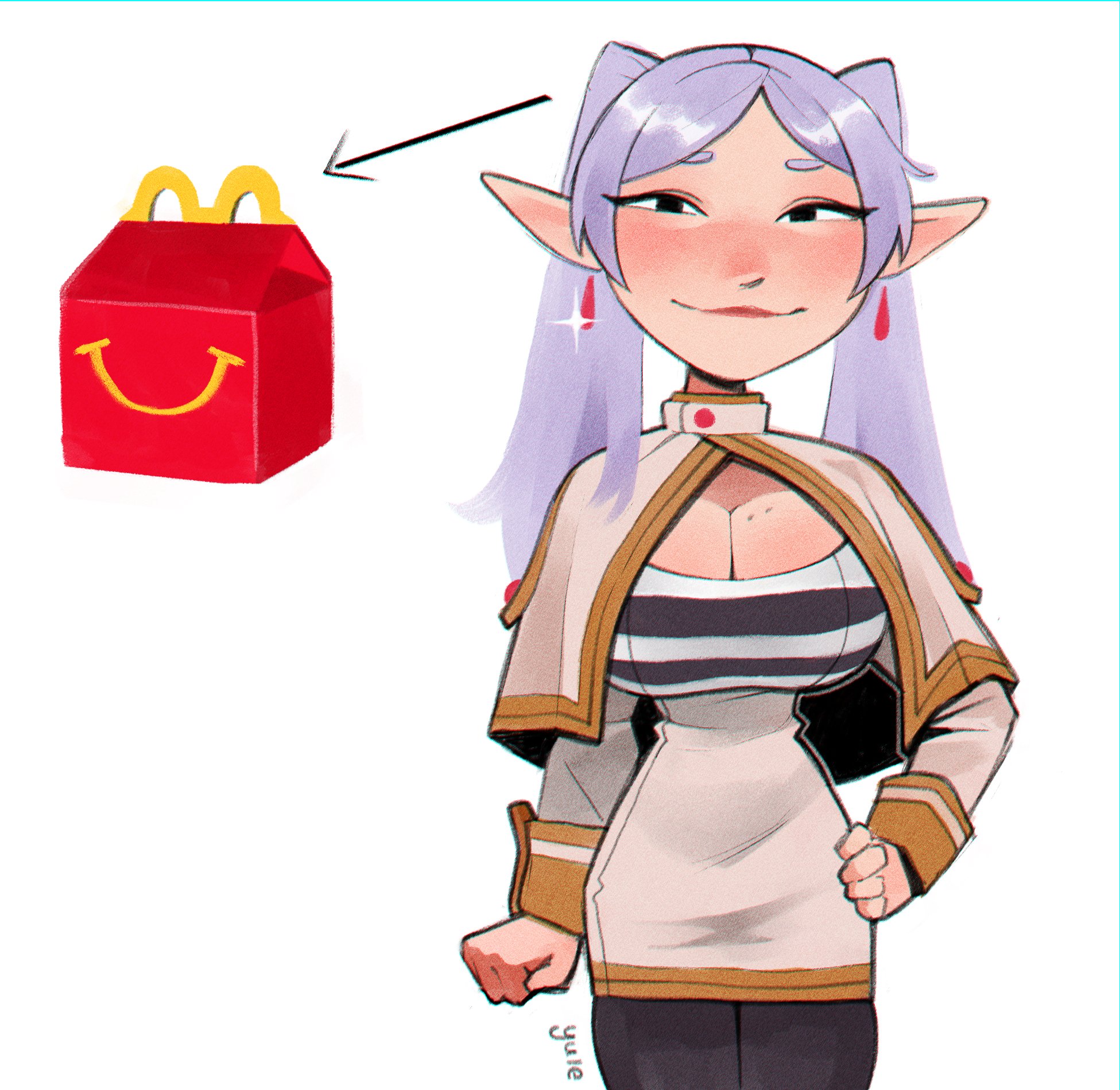 milkghost, frieren, sousou no frieren, highres, 1girl, alternate breast size (larger), arm at side, black leggings, breasts, capelet, cleavage, cowboy shot, earrings, elf, floating earrings, hand on own hip, happy meal, is it really worth it (meme), jewelry, large breasts, leggings, meme, mole, mole on breast, parted bangs, pointy ears, signature, smile, solo, striped clothes, teardrop earrings, twintails, white background, white capelet, white hair