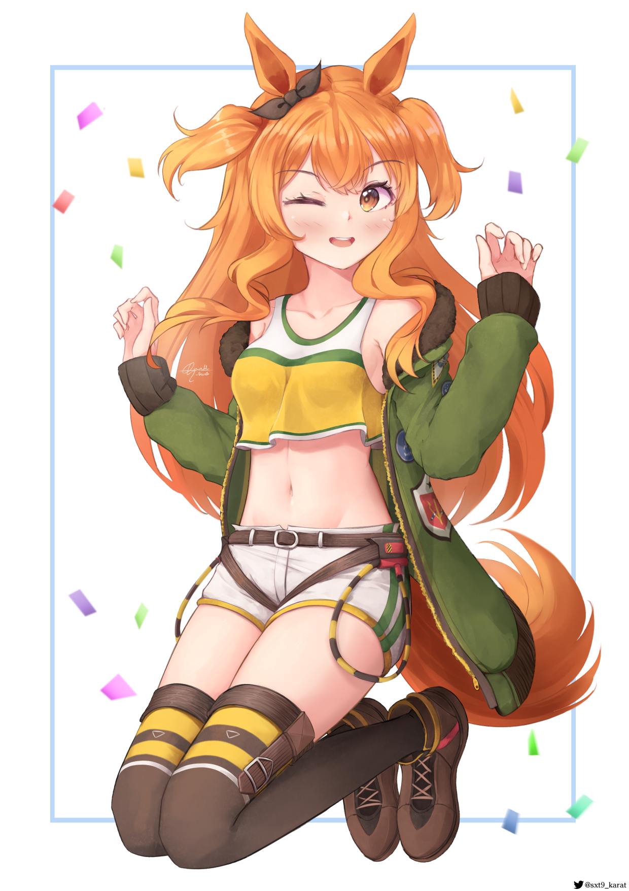 d.birb, mayano top gun (scramble zone) (umamusume), mayano top gun (umamusume), umamusume, commentary, highres, 1girl, ;d, animal ears, belt, blue border, blush, bomber jacket, border, bow, breasts, brown belt, brown ribbon, brown shoes, brown thighhighs, collarbone, confetti, crop top, dog tags, ear bow, ear ribbon, english text, full body, green jacket, hands up, horse ears, horse girl, horse tail, jacket, jacket partially removed, kneeling, long hair, long sleeves, looking at viewer, medium breasts, navel, one eye closed, open clothes, open jacket, open mouth, orange eyes, orange hair, orange tail, ribbon, shirt, shoes, short shorts, shorts, signature, simple background, smile, solo, stomach, tail, teeth, thighhighs, twitter username, two side up, upper teeth only, white background, white shorts