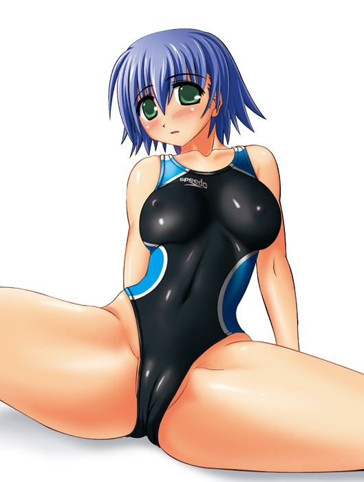 bb (pixiv10091), bb (sapporo youkan), tonami yuma, speedo (company), to heart (series), to heart 2, 00s, arms behind back, blue hair, blush, breasts, cameltoe, competition swimsuit, covered erect nipples, embarrassed, green eyes, hair between eyes, head tilt, highleg, highleg one-piece swimsuit, hip focus, large breasts, one-piece swimsuit, open mouth, partially visible vulva, reclining, shadow, shiny clothes, short hair, simple background, sitting, skin tight, solo, spread legs, swimsuit, thick thighs, thighs, white background, wide hips