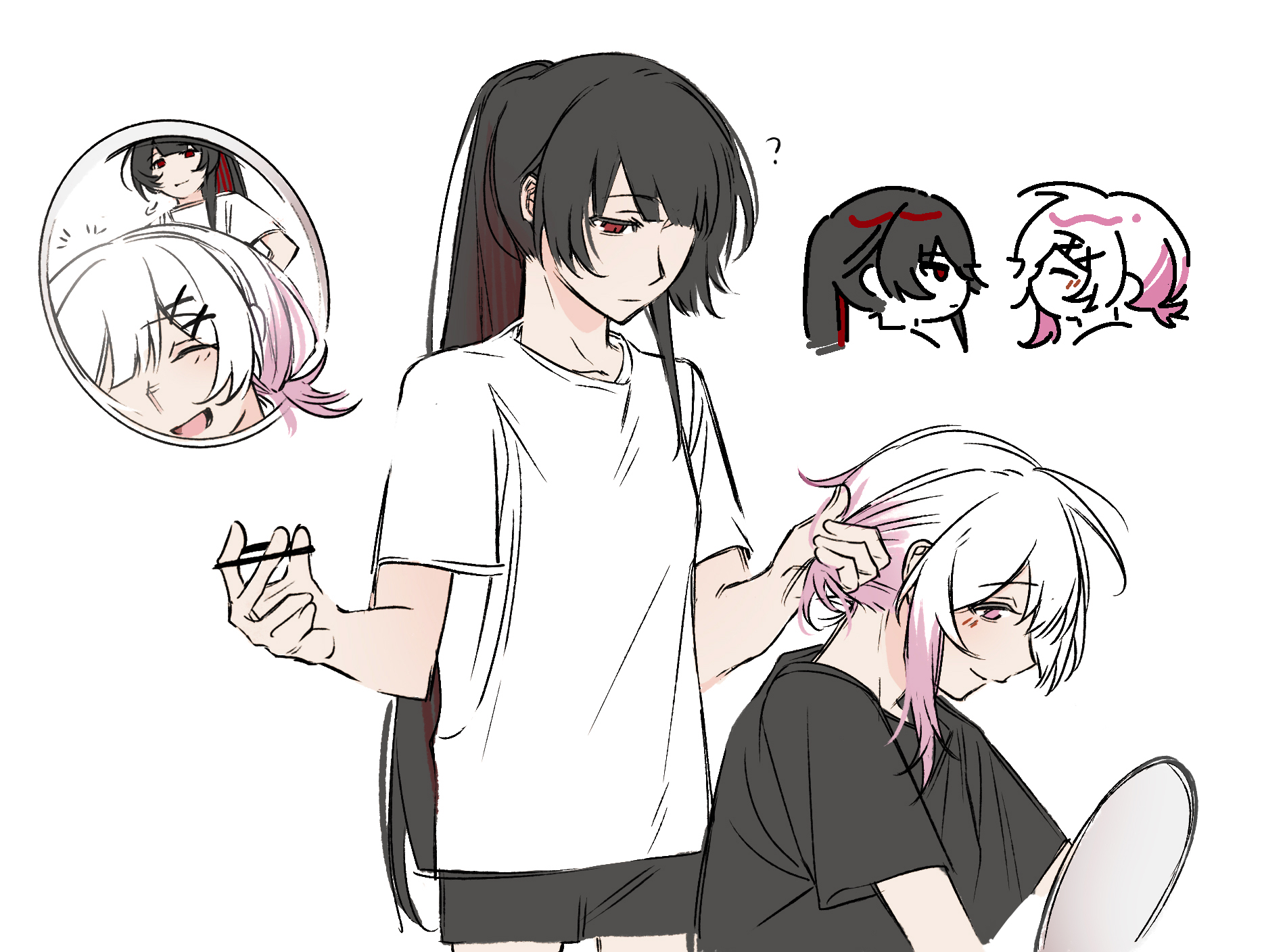 heihuamu1, nikaidou hiro, sakuraba ema, mahou shoujo no majo saiban, chinese commentary, commentary request, highres, 2girls, black hair, black shirt, black shorts, hair tie, holding, holding hair tie, long hair, multicolored hair, multiple girls, pink eyes, pink hair, ponytail, red eyes, red streaks, shirt, short sleeves, shorts, simple background, smile, two-tone hair, tying another's hair, white background, white hair, white shirt