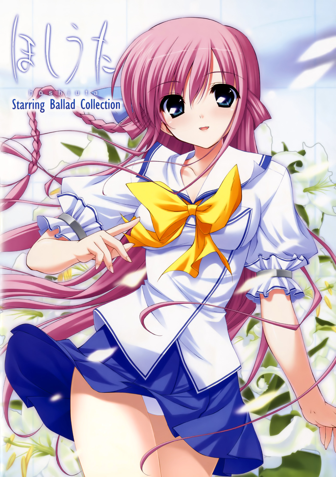 fumio (ura fmo), amamiya kurara, hoshiuta, highres, 1girl, blue eyes, blush, braid, breasts, copyright name, english text, female focus, flower, japanese text, light smile, lily (flower), long hair, looking at viewer, medium breasts, miniskirt, panties, pantyshot, petals, pink hair, school uniform, side braid, skirt, smile, solo, text focus, underwear, upskirt, white panties, wind, wind lift