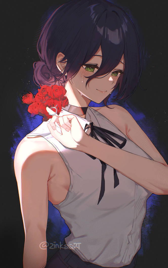 zinkaa, reze (chainsaw man), chainsaw man, 1girl, armpit crease, black background, black choker, black hair, black ribbon, breasts, choker, flower, green eyes, grenade pin, hair between eyes, hair bun, medium breasts, red flower, red rose, ribbon, rose, shirt, single hair bun, sleeveless, sleeveless shirt, smile, solo, tears, upper body, white shirt