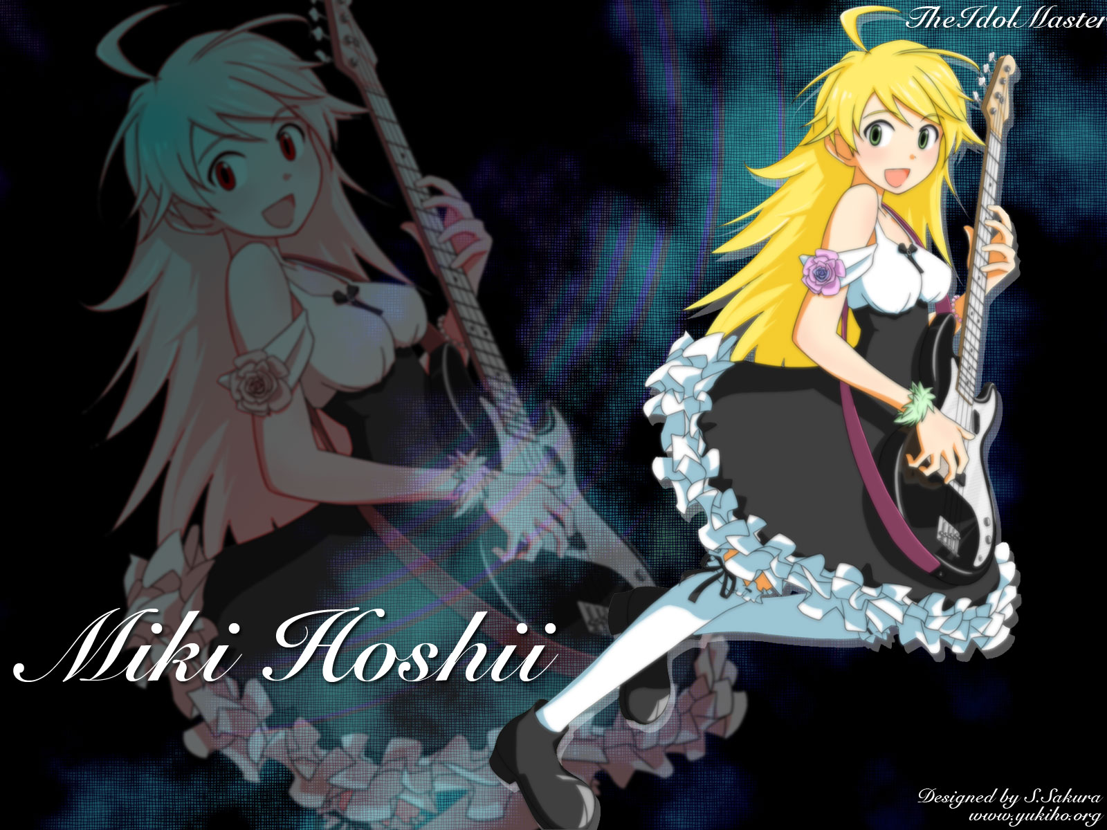 hoshii miki, idolmaster, idolmaster (classic), idolmaster 1, highres, non-web source, 00s, 1girl, bass guitar, blonde hair, dress, female focus, frills, green eyes, guitar, instrument, long hair, solo, thighhighs, zoom layer