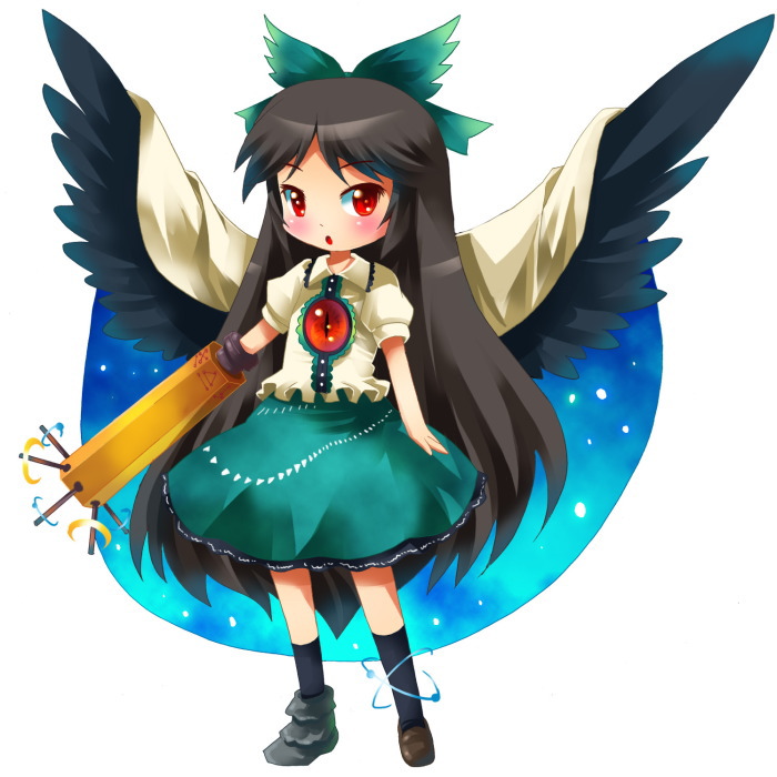 michii yuuki, reiuji utsuho, touhou, 1girl, black hair, bow, cape, female focus, full body, hair bow, long hair, red eyes, skirt, socks, solo, very long hair, white background, wings