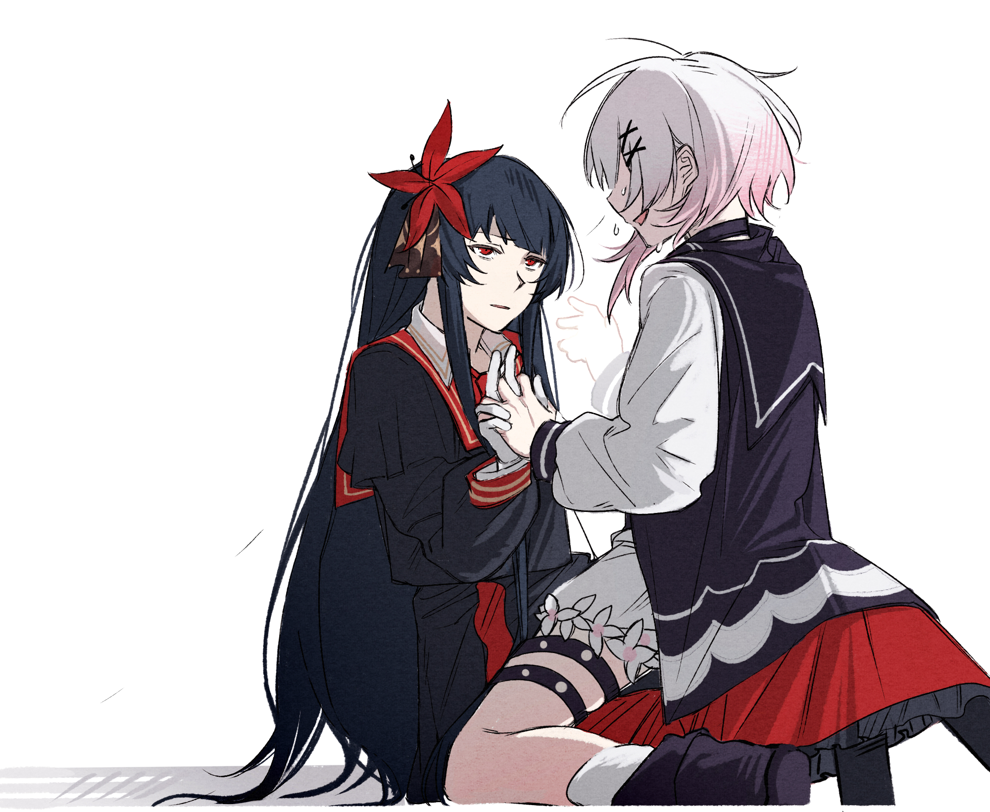 heihuamu1, nikaidou hiro, sakuraba ema, mahou shoujo no majo saiban, chinese commentary, commentary request, highres, 2girls, black hair, black sailor collar, black shirt, black shoes, expressionless, gloves, holding hands, interlocked fingers, long hair, long sleeves, multicolored hair, multiple girls, open mouth, parted lips, pink hair, red eyes, sailor collar, shirt, shoes, shorts, simple background, sitting, sitting on lap, sitting on person, smile, sweat, thigh strap, two-tone hair, white background, white gloves, white hair, white shorts, yuri