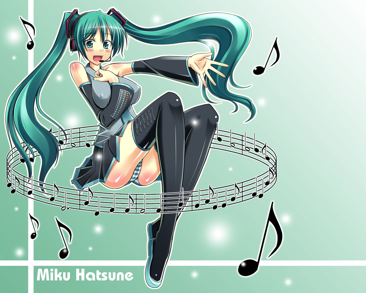 tel, hatsune miku, vocaloid, 1girl, aqua eyes, aqua hair, breasts, covered erect nipples, detached sleeves, female focus, large breasts, long hair, long legs, music, musical note, musical staff, panties, singing, solo, striped clothes, striped panties, thighhighs, twintails, underwear, very long hair