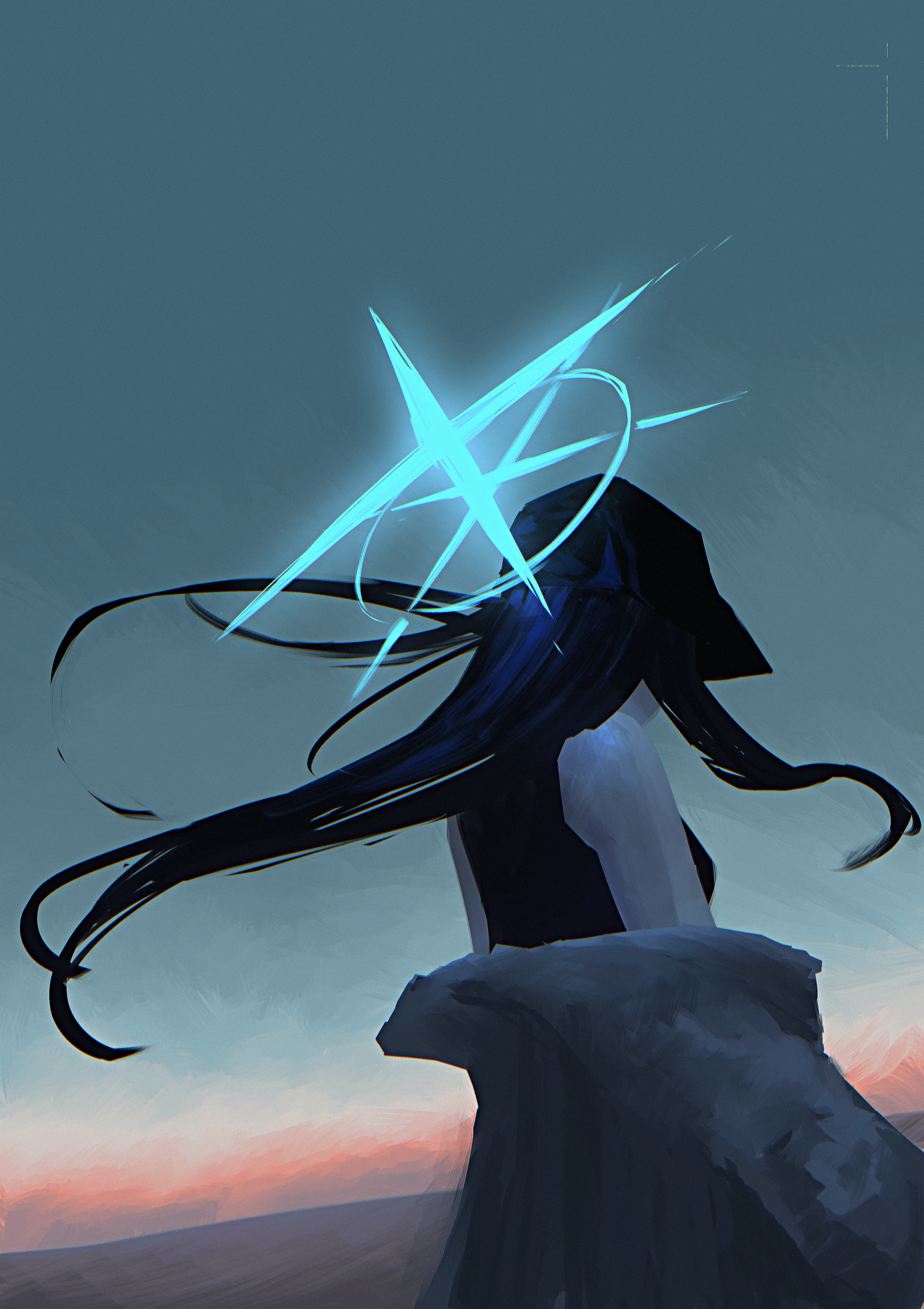 kani etizen03, saori (blue archive), blue archive, absurdres, commentary, english commentary, highres, 1girl, baseball cap, black hair, black shirt, blue halo, blue sky, coat, coat partially removed, from behind, gradient sky, halo, hat, long hair, orange sky, outdoors, shirt, sky, sleeveless, solo, twilight, white coat