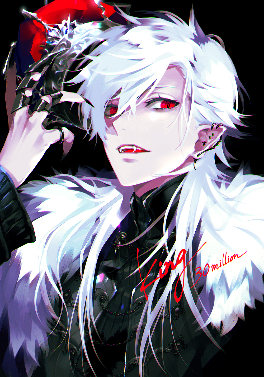 akke (akke299), kuzuha (nijisanji), nijisanji, highres, 1boy, black background, black jacket, black nails, black shirt, crown, ear piercing, earrings, english text, fangs, fingernails, fur trim, hair behind ear, hair between eyes, hand up, holding, holding crown, jacket, jewelry, long fingernails, long hair, looking at viewer, male focus, multiple rings, nail polish, open mouth, piercing, pointy ears, red eyes, ring, sharp fingernails, shirt, simple background, slit pupils, smile, solo, teeth, turtleneck, upper body, vampire, virtual youtuber, white hair