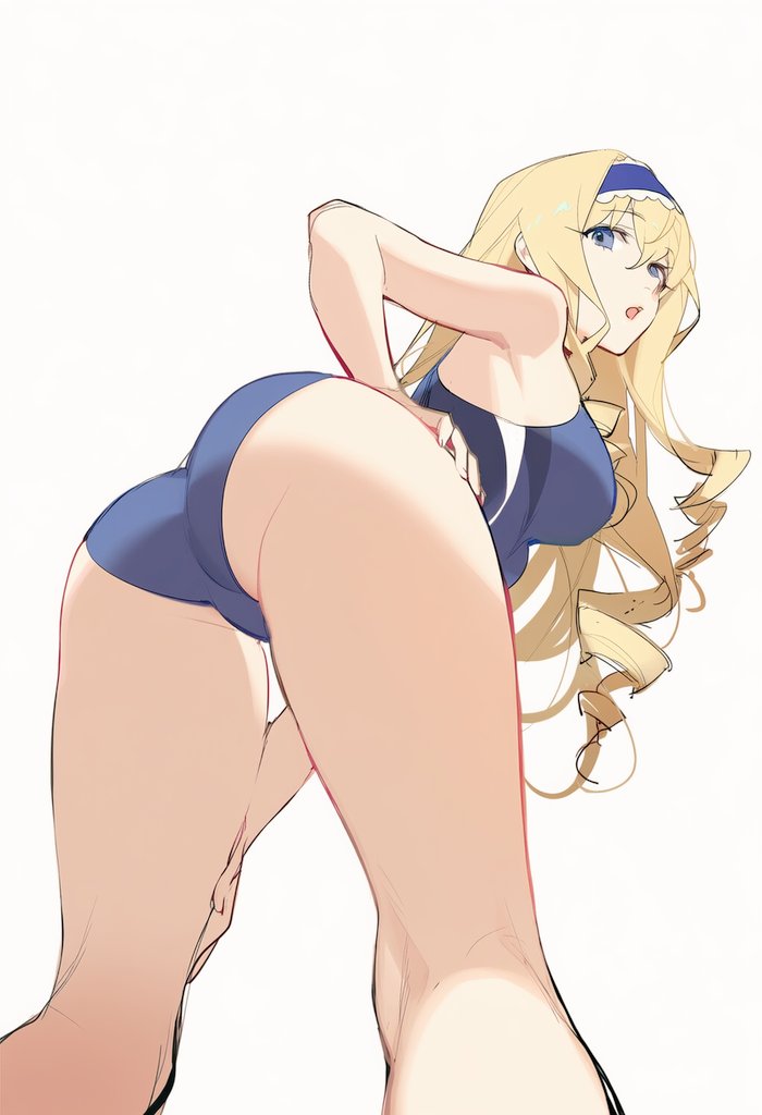 kisaragi shokuin, cecilia alcott, infinite stratos, commentary request, 1girl, ass, blonde hair, blue eyes, blue hairband, blue one-piece swimsuit, breasts, competition swimsuit, drill hair, from behind, hairband, hand on own hip, large breasts, long hair, looking back, one-piece swimsuit, solo, swimsuit