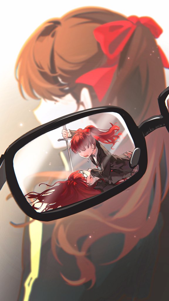 qianyewuli, yoshizawa kasumi, yoshizawa sumire, persona, persona 5, persona 5 the royal, commentary request, spoilers, 3girls, artist name, black-framed eyewear, black jacket, blurry, blurry background, bow, brown hair, covered eyes, crying, dated, from behind, glasses, hair bow, hair spread out, hand up, holding, holding sword, holding weapon, jacket, long hair, lying, multiple girls, open mouth, plaid clothes, plaid skirt, ponytail, rapier, rectangular eyewear, red bow, red hair, revealing layer, school uniform, shuujin academy school uniform, siblings, sisters, skirt, sword, tears, upper body, weapon, yoshizawa kasumi's sister