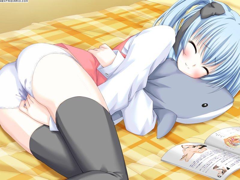duplicate, anatomy, bed, blush, book, dolphin, masturbation, panties, smile, stuffed toy, twintails, underwear, watermark, wet clothes, wet panties