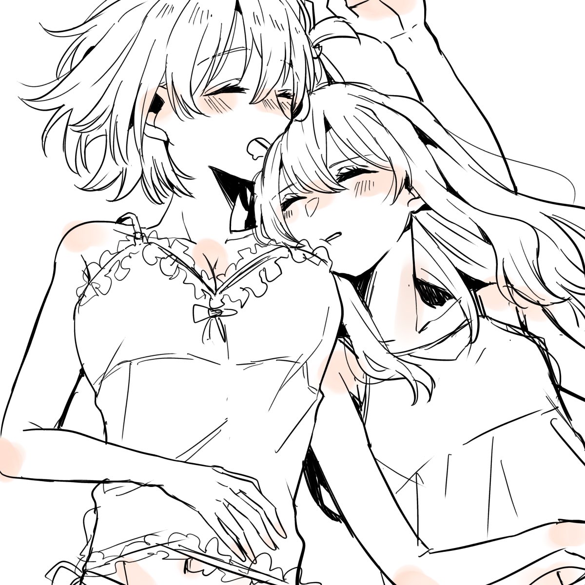sakurada en, inoue takina, nishikigi chisato, lycoris recoil, commentary request, highres, 2girls, bare arms, blush, breasts, camisole, cleavage, closed eyes, drooling, greyscale, large breasts, long hair, monochrome, multiple girls, open mouth, parted lips, short hair, sleeping, yuri