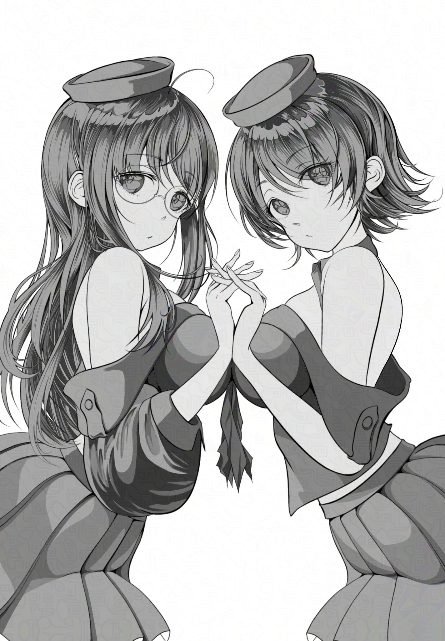 agano class no3, heywood l. edwards (kancolle), richard p. leary (kancolle), kantai collection, highres, 2girls, breast press, breasts, country connection, dixie cup hat, dress, glasses, greyscale, hat, holding hands, large breasts, long hair, military hat, monochrome, multiple girls, neckerchief, off-shoulder shirt, off shoulder, pleated dress, school uniform, serafuku, shirt, short hair, symmetrical docking