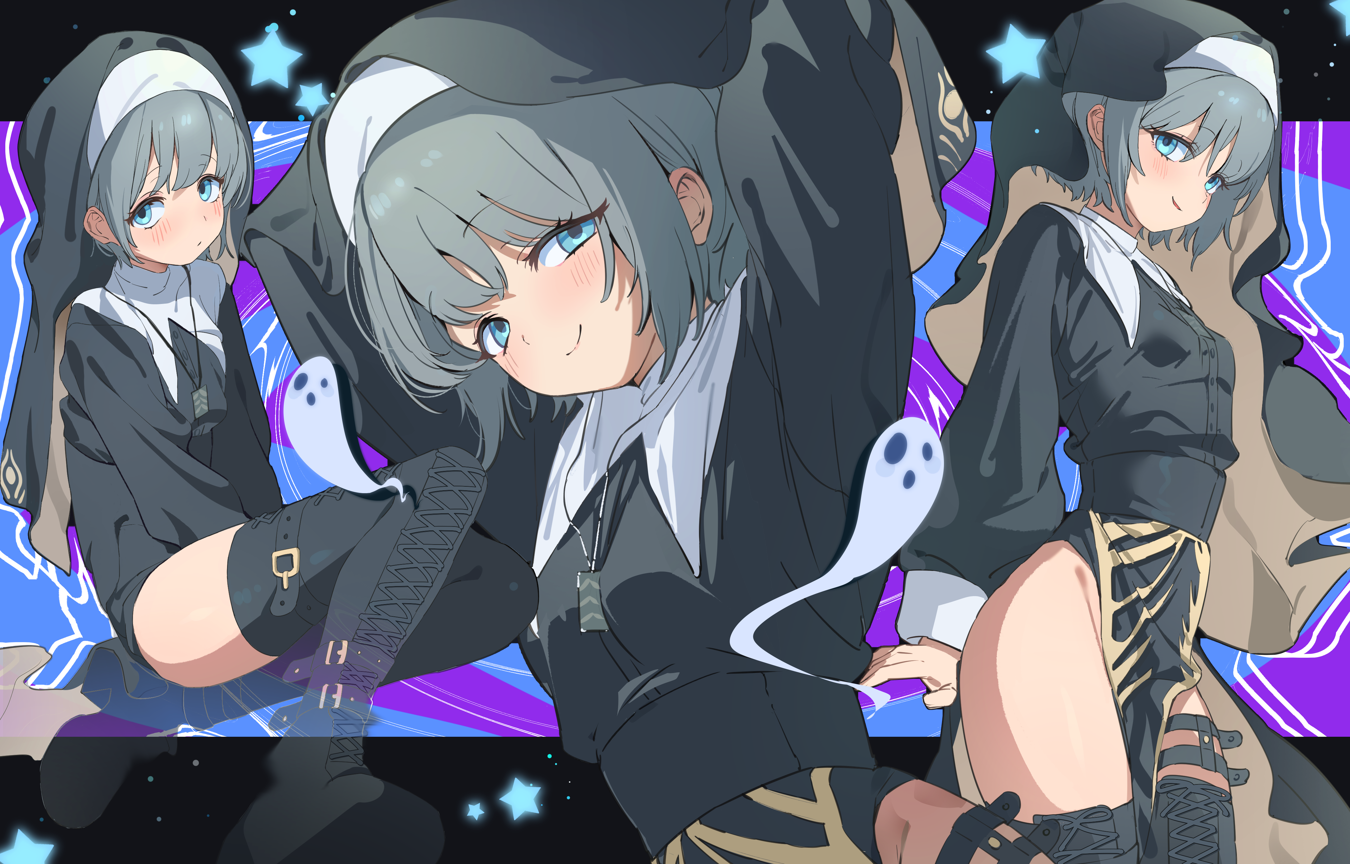 tanghulu (bbbb1123112), original, absurdres, commentary, commission, highres, 1girl, arms behind head, belt, black belt, black boots, black dress, black veil, blue eyes, blue hair, boots, breasts, closed mouth, dress, groin, guimpe, invisible chair, jewelry, lace-up boots, long sleeves, looking at viewer, multiple views, necklace, nun, pelvic curtain, puffy long sleeves, puffy sleeves, short hair, side slit, sitting, small breasts, smile, thigh belt, thigh boots, thigh strap, veil