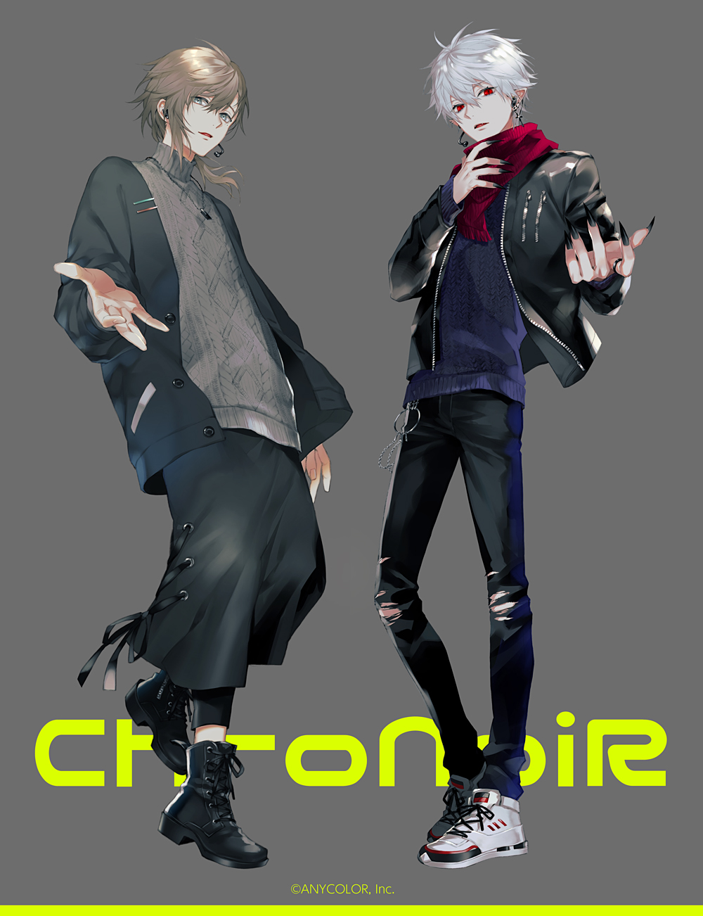 akke (akke299), kanae (nijisanji), kuzuha (nijisanji), nijisanji, highres, 2boys, aran sweater, black boots, black jacket, black nails, black pants, blue eyes, boots, brown hair, cable knit, copyright notice, ear piercing, earrings, english text, fingernails, full body, grey background, grey hair, grey sweater, hair between eyes, headset, jacket, jewelry, long fingernails, long hair, long sleeves, looking at viewer, low ponytail, male focus, mole, mole under eye, multiple boys, nail polish, necklace, open clothes, open jacket, open mouth, outstretched hand, pants, parted lips, piercing, pointy ears, ponytail, red eyes, red nails, red scarf, ribbed sweater, scarf, sharp fingernails, shoes, simple background, sleeves past wrists, smile, sneakers, standing, standing on one leg, sweater, torn clothes, torn pants, turtleneck, turtleneck sweater, virtual youtuber, white hair, white shoes, zipper