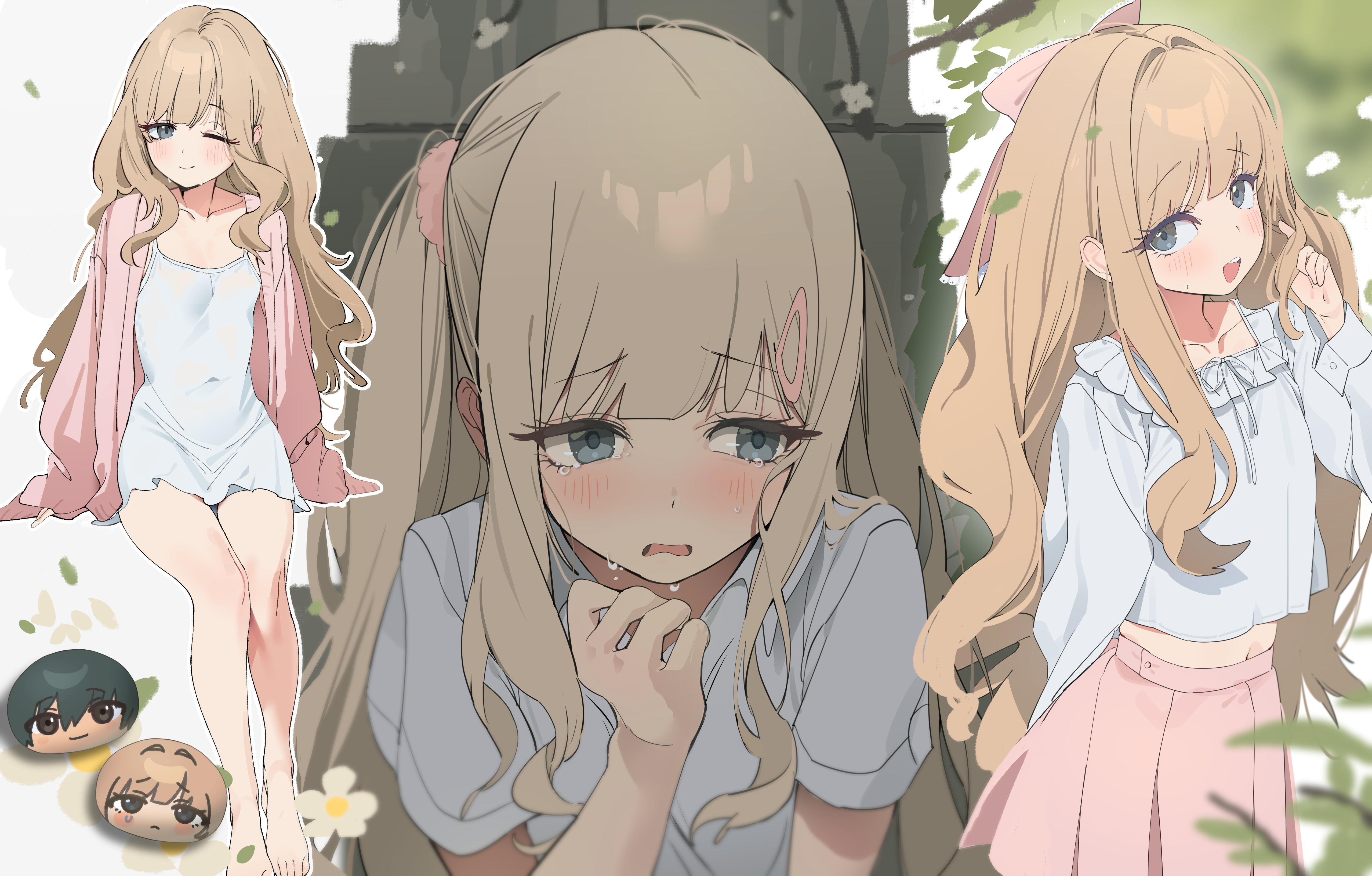 tanghulu (bbbb1123112), original, fluffy hair, absurdres, highres, 1girl, averting eyes, barefoot, blonde hair, blush, cardigan, closed mouth, collarbone, covered navel, crop top, cropped shirt, dress, frilled shirt collar, frills, grey eyes, grey shirt, hair intakes, hair ornament, hair over shoulder, hair scrunchie, long hair, long sidelocks, long sleeves, looking at viewer, microdress, midriff, multiple views, navel, one eye closed, one side up, open cardigan, open clothes, open mouth, outline, pink cardigan, pink scrunchie, pink skirt, pleated skirt, raised inner eyebrows, scrunchie, shirt, short sleeves, sidelocks, sitting, skirt, sleeves past wrists, smile, sweat, very long hair, wavy hair, wavy mouth, white dress
