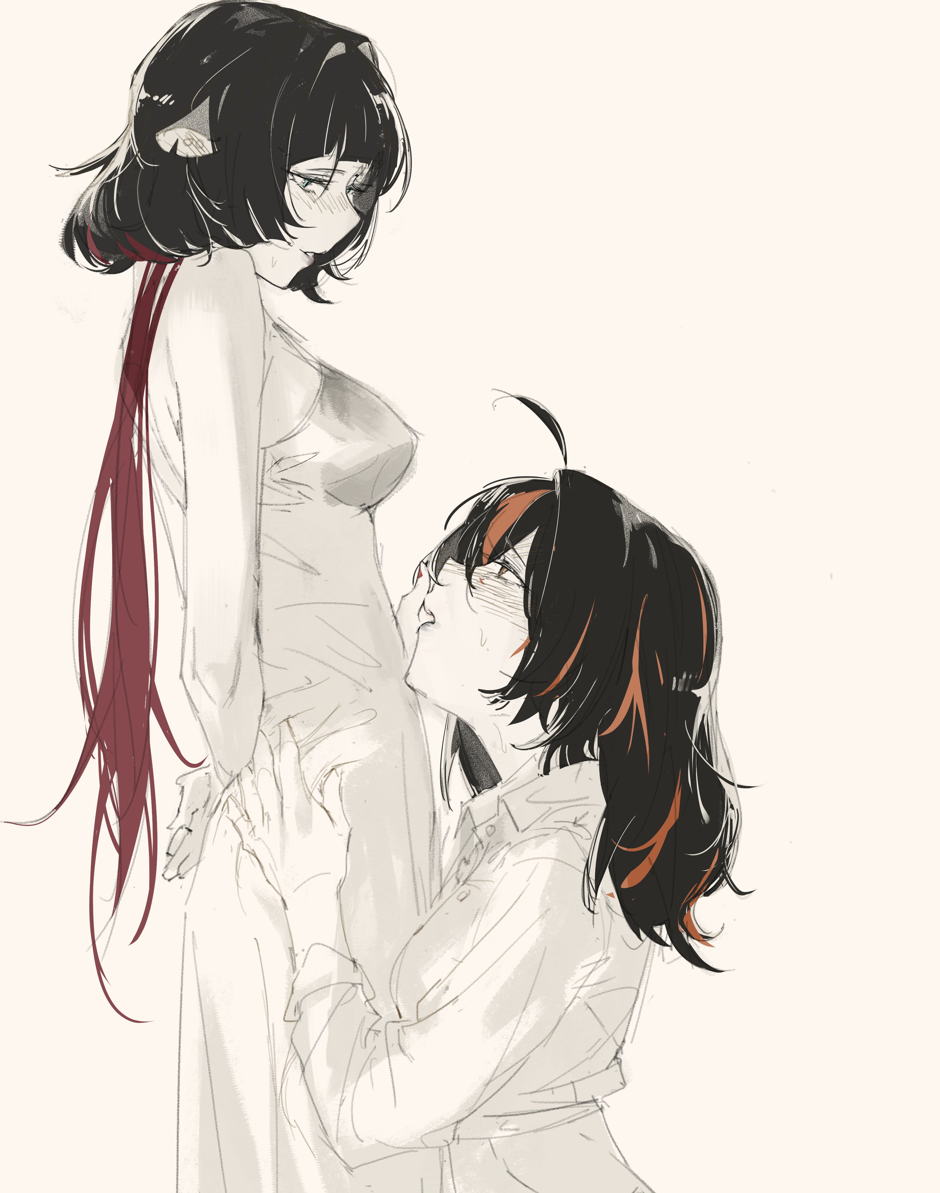bluhbold, jane doe (zenless zone zero), zhu yuan, zenless zone zero, absurdres, commentary, english commentary, highres, 2girls, ahoge, animal ears, arms behind back, bare arms, black hair, blush, collared shirt, dress, hand on another's face, hand on another's waist, long hair, long sleeves, mouse ears, multiple girls, parted lips, ponytail, red hair, red streaks, shirt, simple background, smile, sweat, yellow background, yuri
