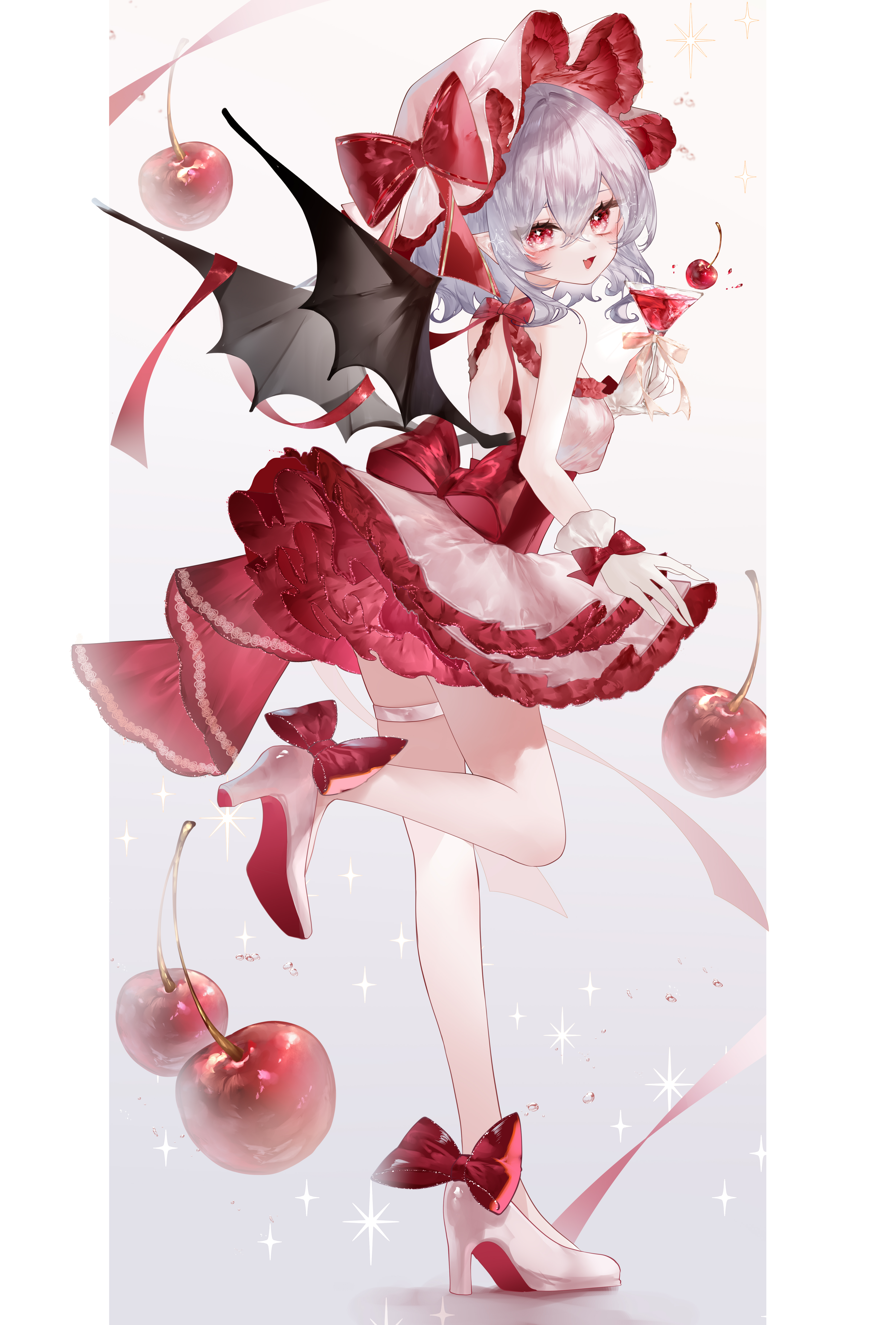 yukia (yukia 777), remilia scarlet, touhou, absurdres, commentary request, highres, 1girl, alternate costume, back, bat wings, blue hair, cherry, cup, dress, fang, food, frills, from behind, fruit, full body, gloves, hair between eyes, hat, high heels, holding, holding cup, leg up, legs, looking at viewer, looking back, medium hair, open mouth, pointy ears, red dress, shoes, skin fang, smile, solo, thigh strap, thighs, two-tone dress, vampire, white dress, white gloves, white shoes, wings