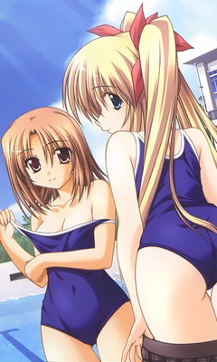 us@myo, yashima anna, yashima kyouko, katakoi no tsuki, lowres, non-web source, 2girls, blonde hair, brown eyes, brown hair, clothes pull, day, dutch angle, green eyes, long hair, looking back, multiple girls, one-piece swimsuit, one-piece swimsuit pull, outdoors, ponytail, pool, poolside, pulling own clothes, school, school swimsuit, short hair, siblings, sisters, swimsuit, twintails, undressing