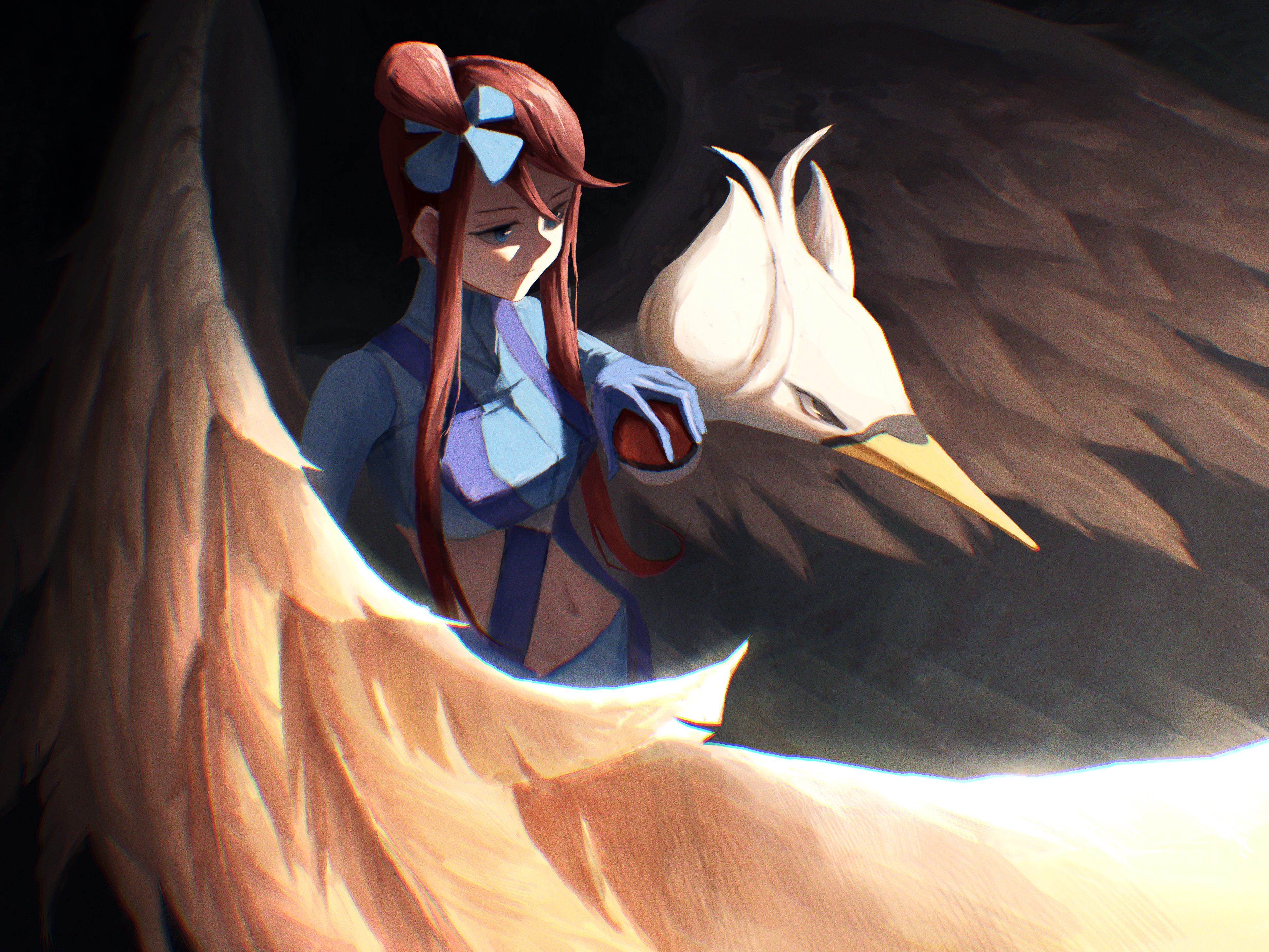 cchan tuka, skyla (pokemon), swanna, nintendo, pokemon, pokemon bw, absurdres, highres, huge filesize, 1girl, beak, bird, blue eyes, blue gloves, blue jacket, blue shorts, breasts, cropped jacket, gen 5 pokemon, gloves, gym leader, hair ornament, holding, holding poke ball, jacket, looking to the side, midriff, navel, poke ball, poke ball (basic), pokemon (creature), red hair, shade, shaded face, short hair with long locks, shorts, sidelocks, suspenders, topknot, wings