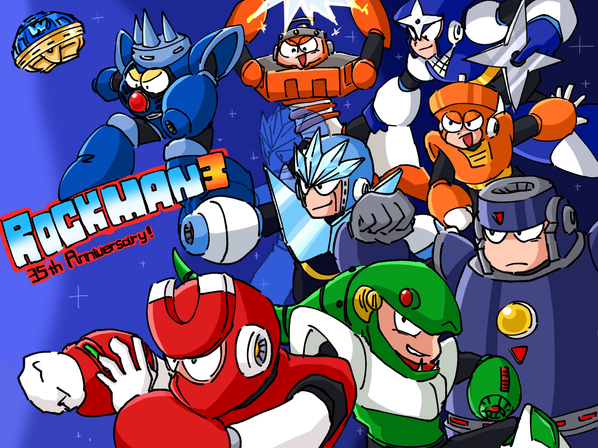 dr. wily (mega man), gemini man, hard man, magnet man, needle man, shadow man (mega man), snake man, spark man, top man, capcom, mega man (classic), mega man (series), mega man 3, anniversary, arm cannon, flying machine, grin, helmet, joints, mask, mirror, robot, robot ears, robot joints, smile, smug, sparks, weapon