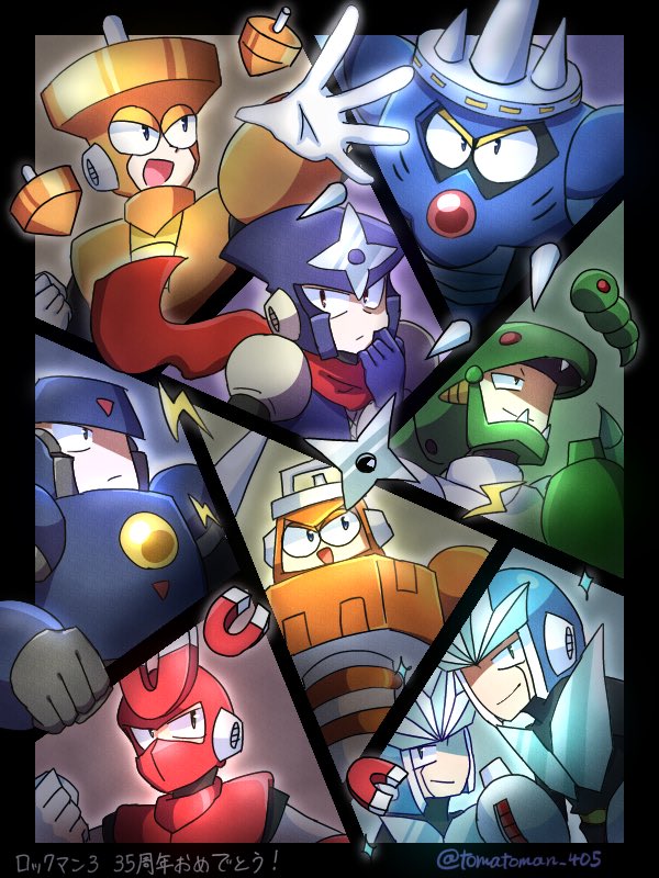 gemini man, hard man, magnet man, needle man, shadow man (mega man), snake man, spark man, top man, capcom, mega man (classic), mega man 3, artist name, blue eyes, expressionless, grin, japanese text, joints, magnet, mask, open mouth, robot, robot ears, robot joints, smile, smug