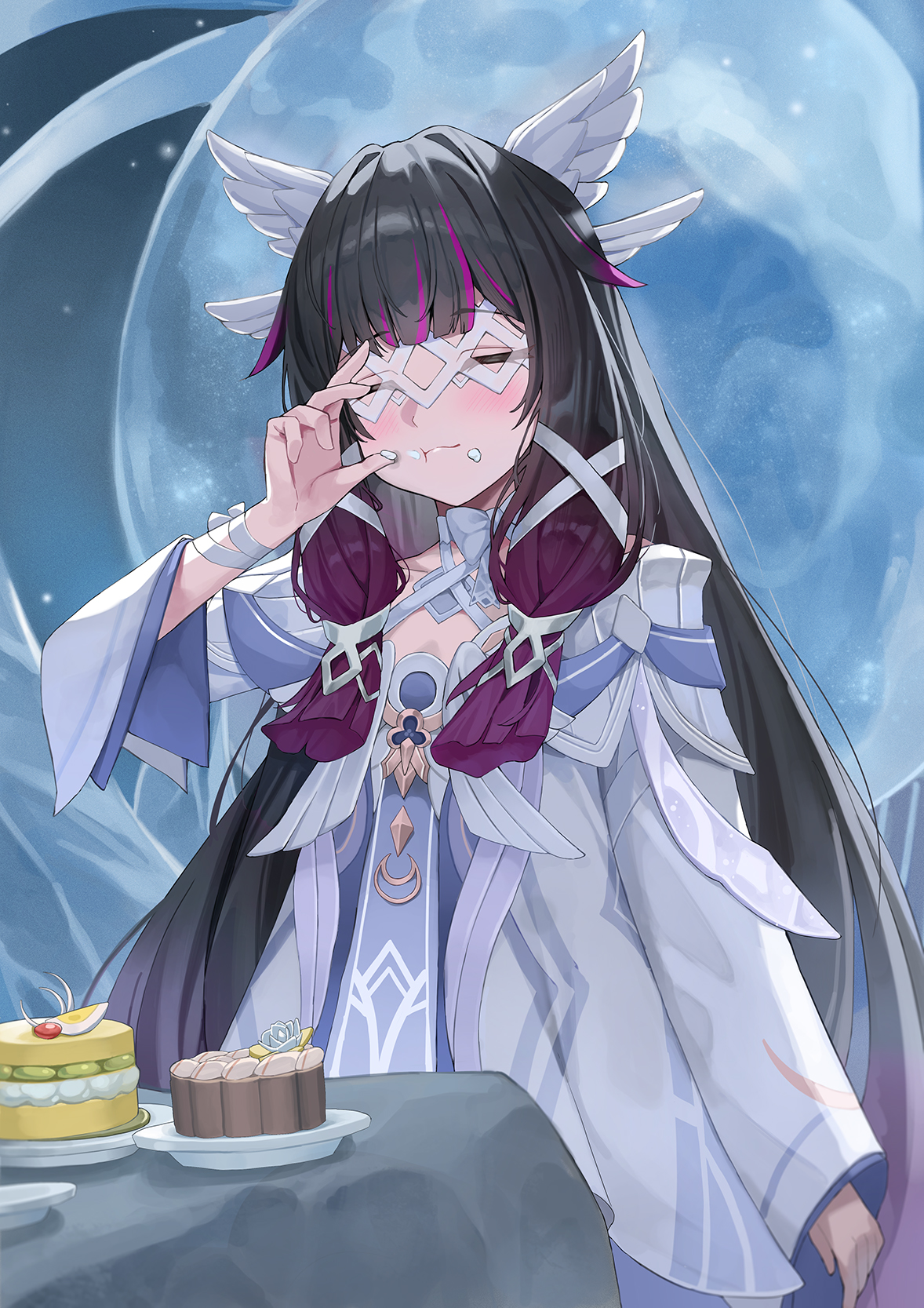 krux (k krux), columbina (genshin impact), genshin impact, highres, 1girl, black hair, blunt bangs, blush, cake, chocolate cake, choker, closed eyes, closed mouth, collarbone, cream, cream on face, dress, eating, feathered wings, food, food on face, hair ribbon, head wings, long hair, long sleeves, multiple wings, pink hair, ribbon, sidelocks, very long hair, white choker, white dress, white ribbon, wide sleeves, wings, wrist ribbon