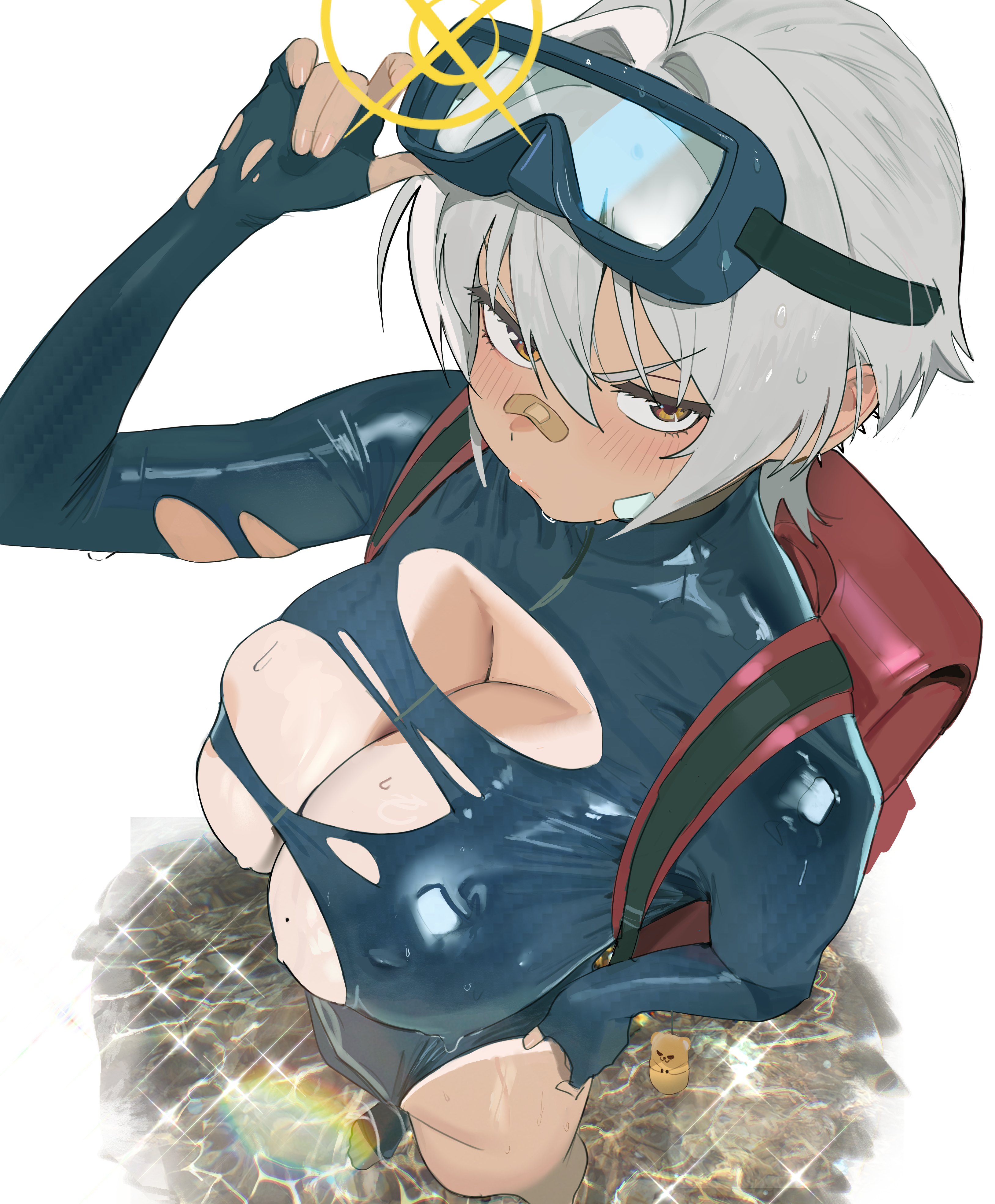 hintobento, goddess of victory: nikke, absurdres, character request, commentary request, highres, 1girl, backpack, bag, blush, breasts, brown eyes, from above, goggles, goggles on head, grey hair, hair between eyes, large breasts, looking at viewer, short hair, simple background, solo, standing, tan, tanline, thighs, wet, white background