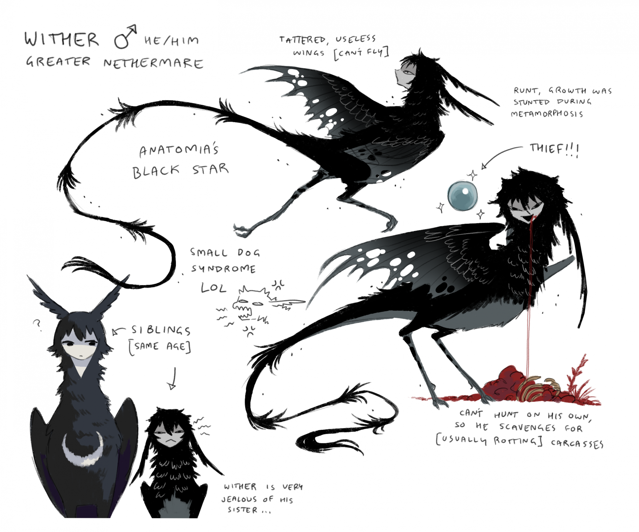 jejejunum, original, highres, :<, :d, ?, black feathers, black tail, black wings, blood, blood from mouth, blue gemstone, bone, character name, chest markings, closed mouth, english text, feathers, gem, grey feathers, harpy, mars symbol, monster girl, multicolored feathers, open mouth, reference sheet, simple background, smile, whisper (jejejunum), white background, wings, wither (jejejunum)
