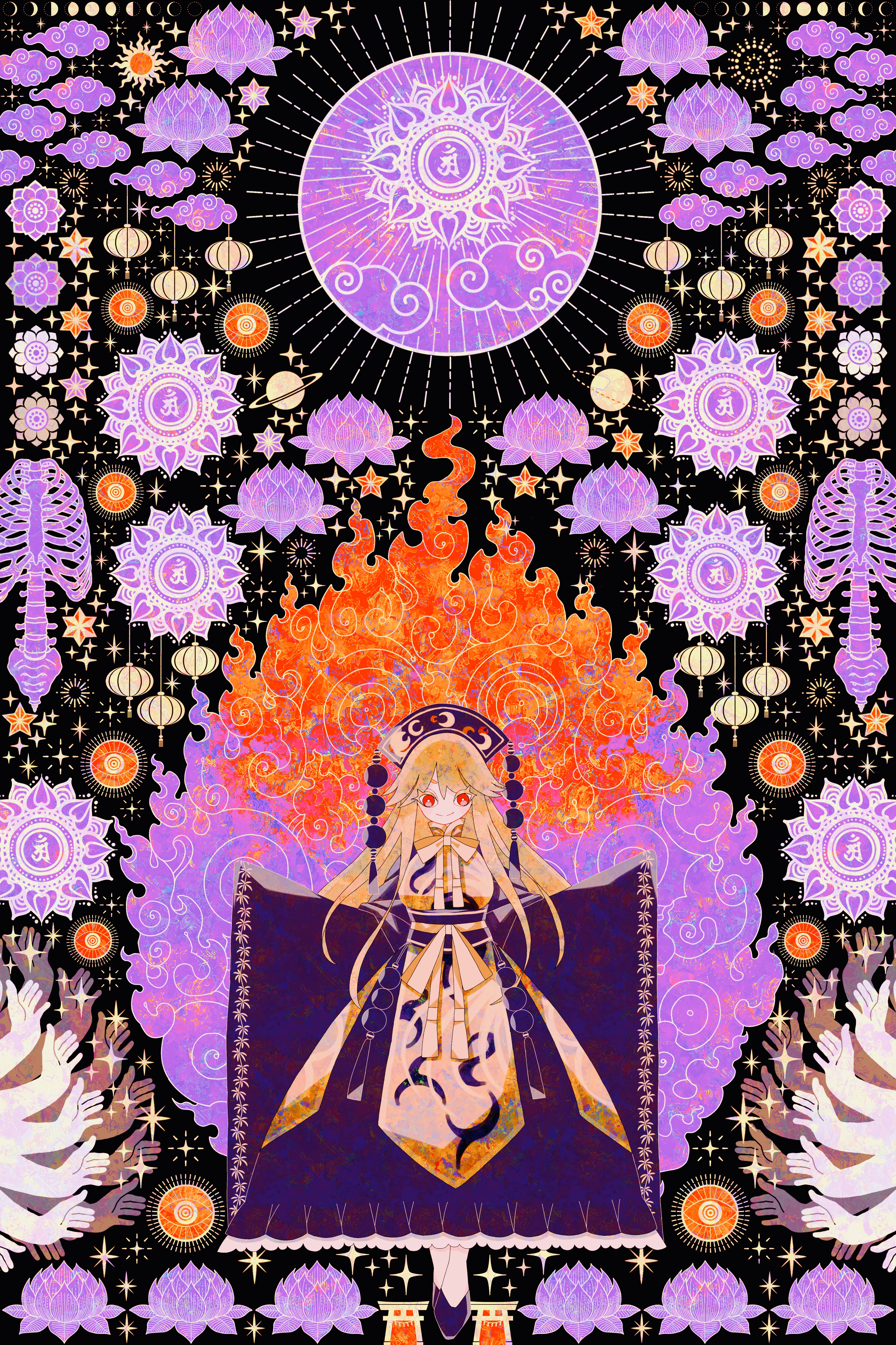 boku (isizakitakasi), junko (touhou), touhou, absurdres, highres, 1girl, black shoes, blonde hair, cloud, dalachi (headdress), fire, flower, long hair, looking at viewer, lotus, no nose, planetary ring, red eyes, ribbon, ribs, shoes, smile, solo, sparkle, sun, torii, yellow ribbon