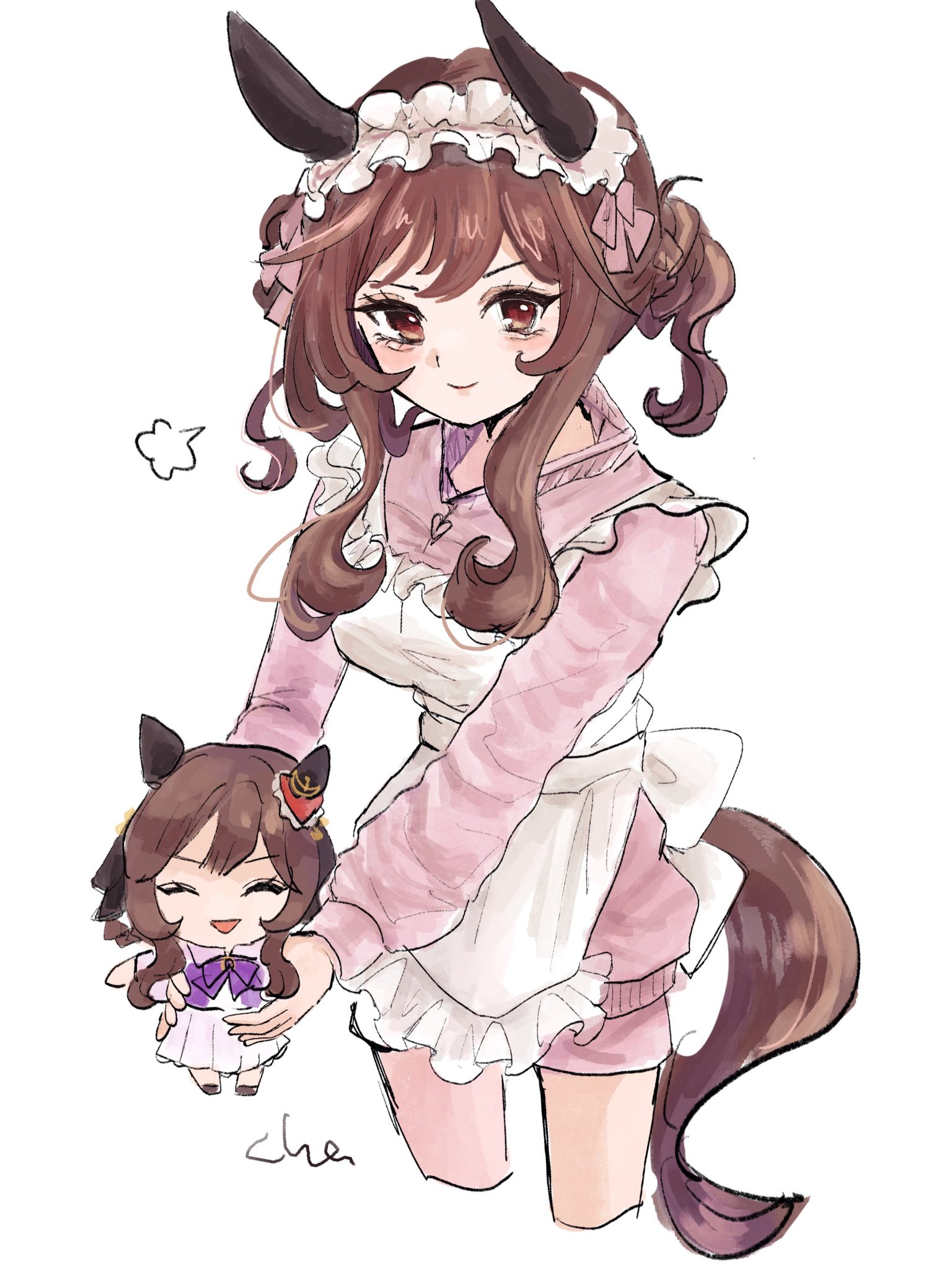 gentildonna (umamusume), umamusume, highres, 1girl, alternate costume, animal ears, apron, blush, bow, breasts, brown hair, character doll, chasouko, closed eyes, closed mouth, doll, ear covers, ear ornament, frilled apron, frills, hair between eyes, hair ornament, heart-shaped ornament, heart ear ornament, holding, holding doll, horse ears, horse girl, horse tail, jacket, jersey maid, long hair, long sleeves, looking at viewer, maid, maid headdress, open mouth, pink jacket, pink shorts, purple bow, purple shirt, red eyes, sailor collar, sailor shirt, school uniform, shirt, shorts, simple background, skirt, smile, solo, tail, tracen school uniform, track jacket, unconventional maid, white apron, white background, white headdress, white skirt