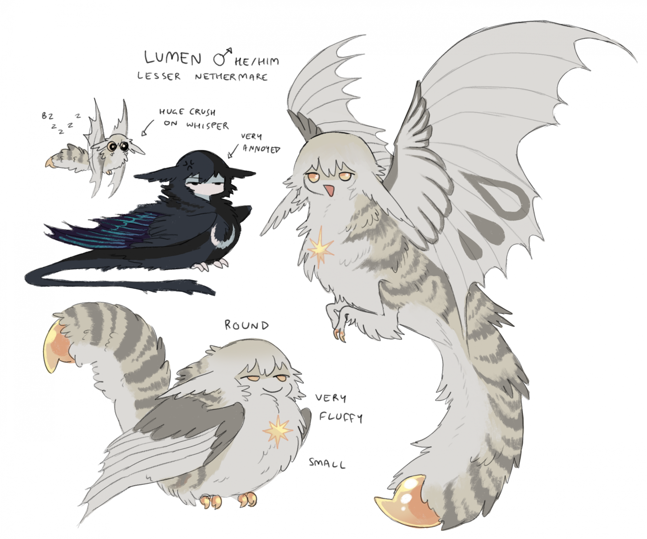 jejejunum, original, highres, :d, black feathers, body fur, brown fur, brown tail, closed mouth, creature, creature focus, feathers, flying, harpy, lumen (jejejunum), monster girl, multicolored fur, no humans, open mouth, reference sheet, simple background, sitting, smile, whisper (jejejunum), white background, yellow eyes, yellow fur, yellow tail