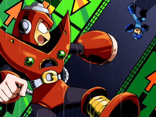 gravity man, mega man (character), capcom, mega man (classic), mega man (series), mega man 5, arm cannon, battle, helmet, joints, looking at another, open mouth, robot, robot ears, robot joints, upside-down, weapon