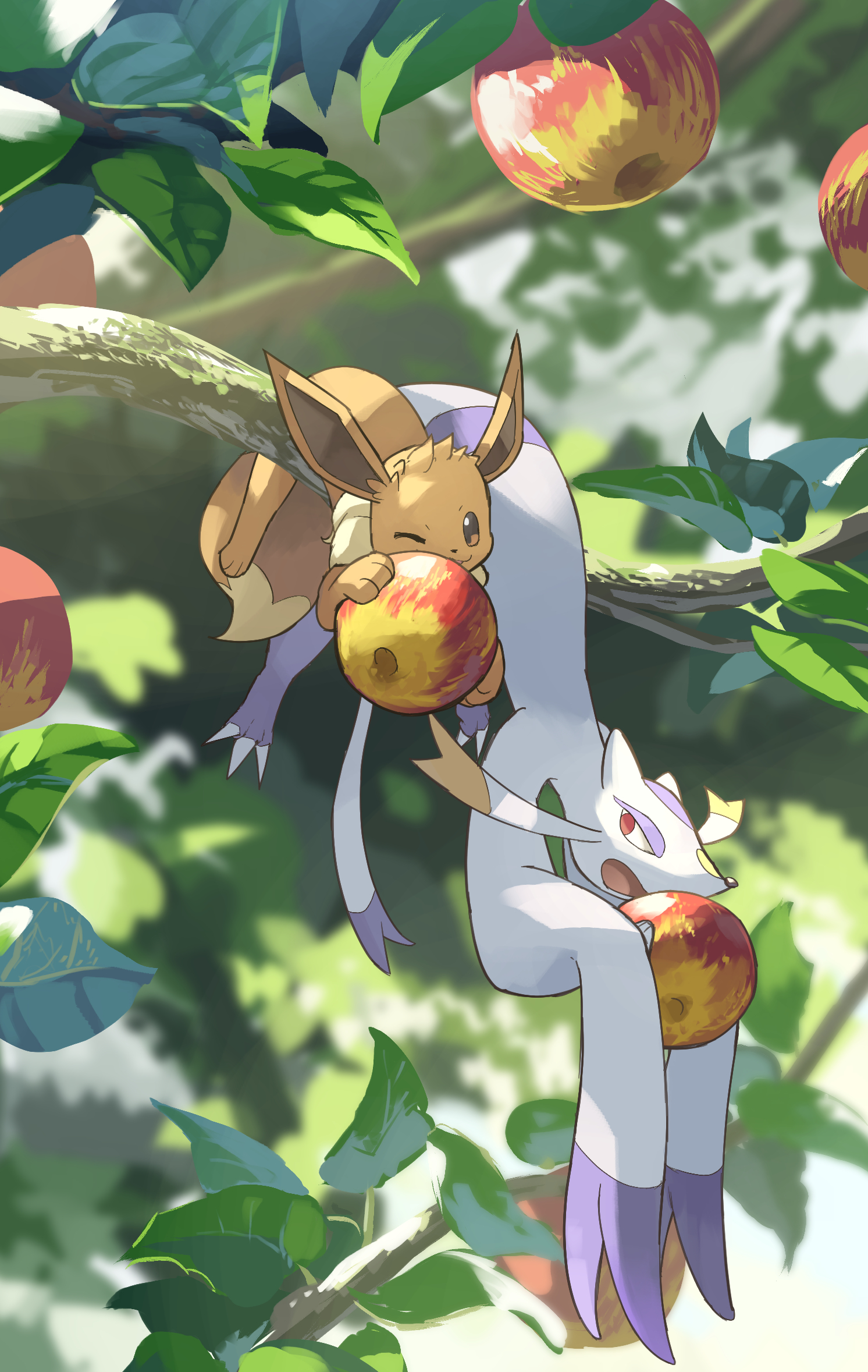 yamaori (hakkentai pokedan), eevee, mienshao, nintendo, pokemon, highres, animal focus, apple, branch, brown eyes, brown fur, closed mouth, food, fruit, gen 1 pokemon, gen 5 pokemon, holding, leaf, no humans, on branch, one eye closed, open mouth, outdoors, pokemon (creature), pokemon focus, purple fur, red eyes, smile, snout, tail, tree, two-tone fur, white fur