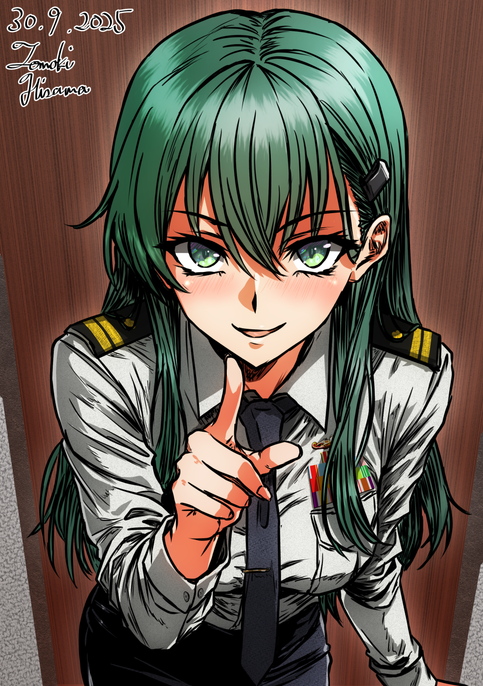 hisama tomoki, suzuya (kancolle), kantai collection, highres, 1girl, artist name, black necktie, black skirt, dated, epaulettes, green eyes, green hair, long hair, military uniform, necktie, one-hour drawing challenge, pencil skirt, pointing, skirt, smile, solo, upper body